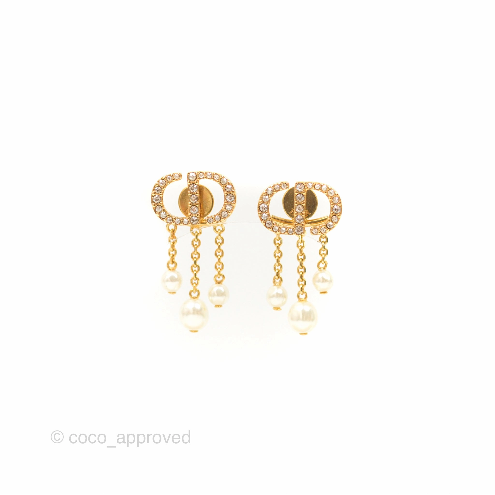 Christian Dior Crystal Pearl Drop Earrings Gold Tone