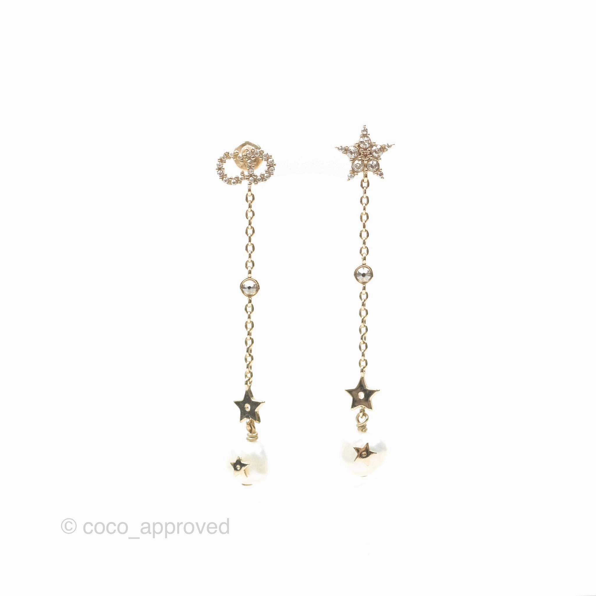 Christian Dior Crystal Pearl Shiny D Earrings Gold Tone