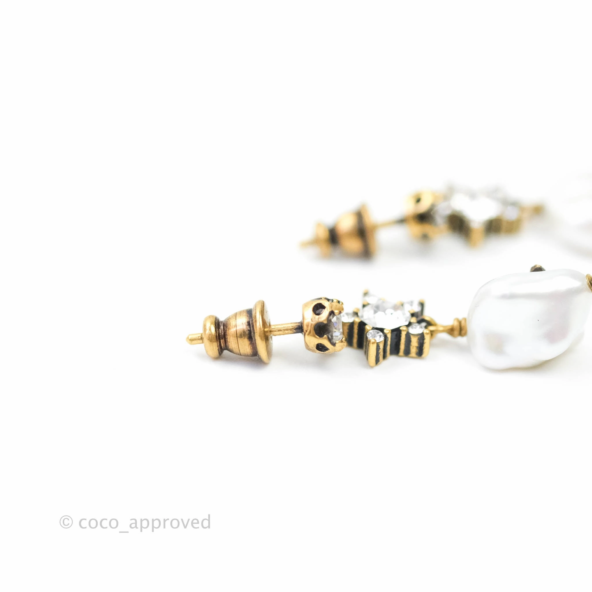 Christian Dior Crystal Star Pearl Drop Earrings Aged Gold Tone