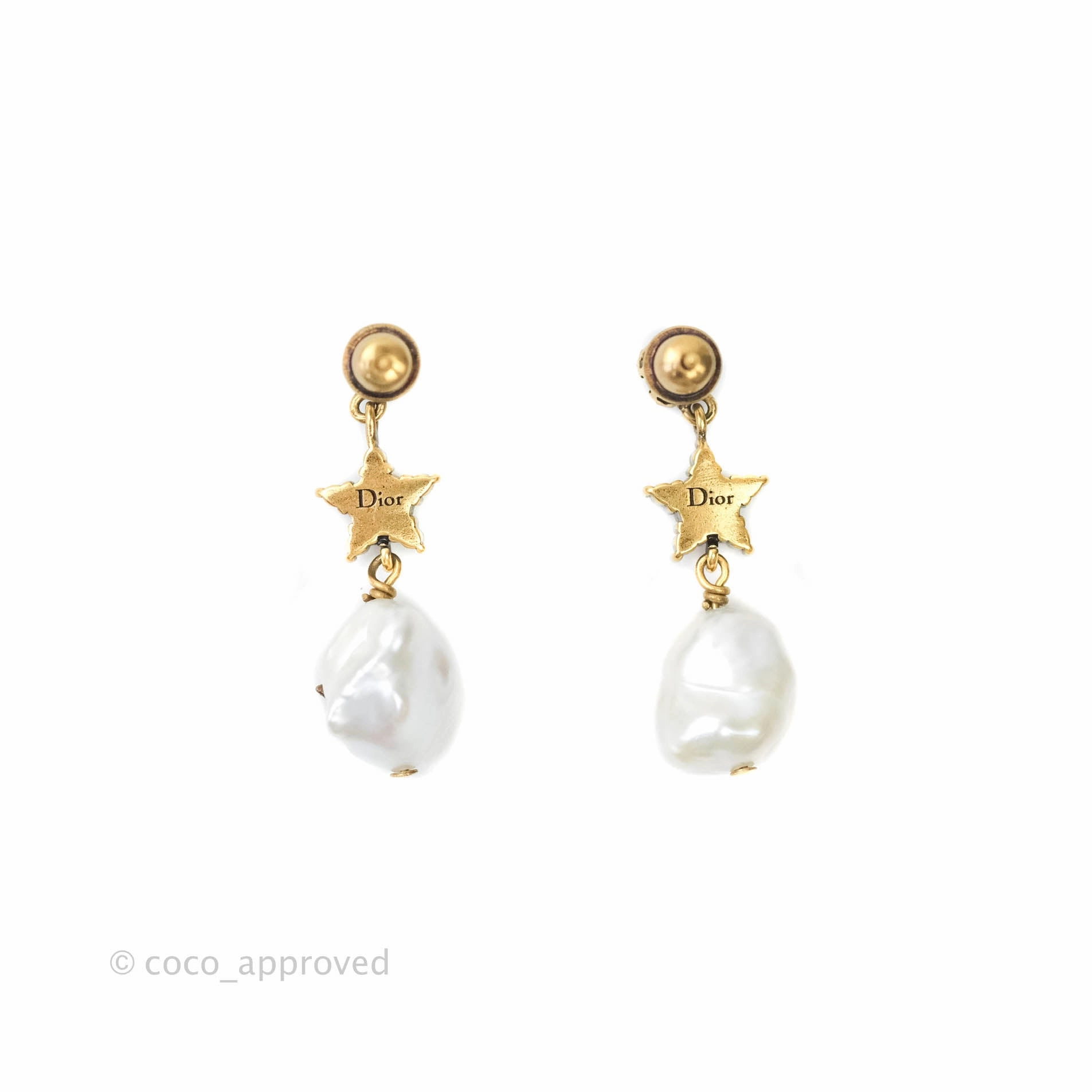 Christian Dior Crystal Star Pearl Drop Earrings Aged Gold Tone