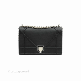 Christian Dior Diorama Medium Flap Shoulder Bag Black Grained Leather Silver Hardware