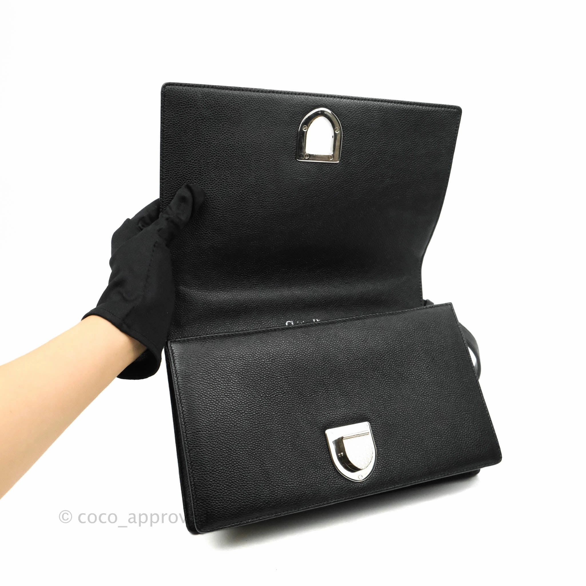 Christian Dior Diorama Medium Flap Shoulder Bag Black Grained Leather Silver Hardware
