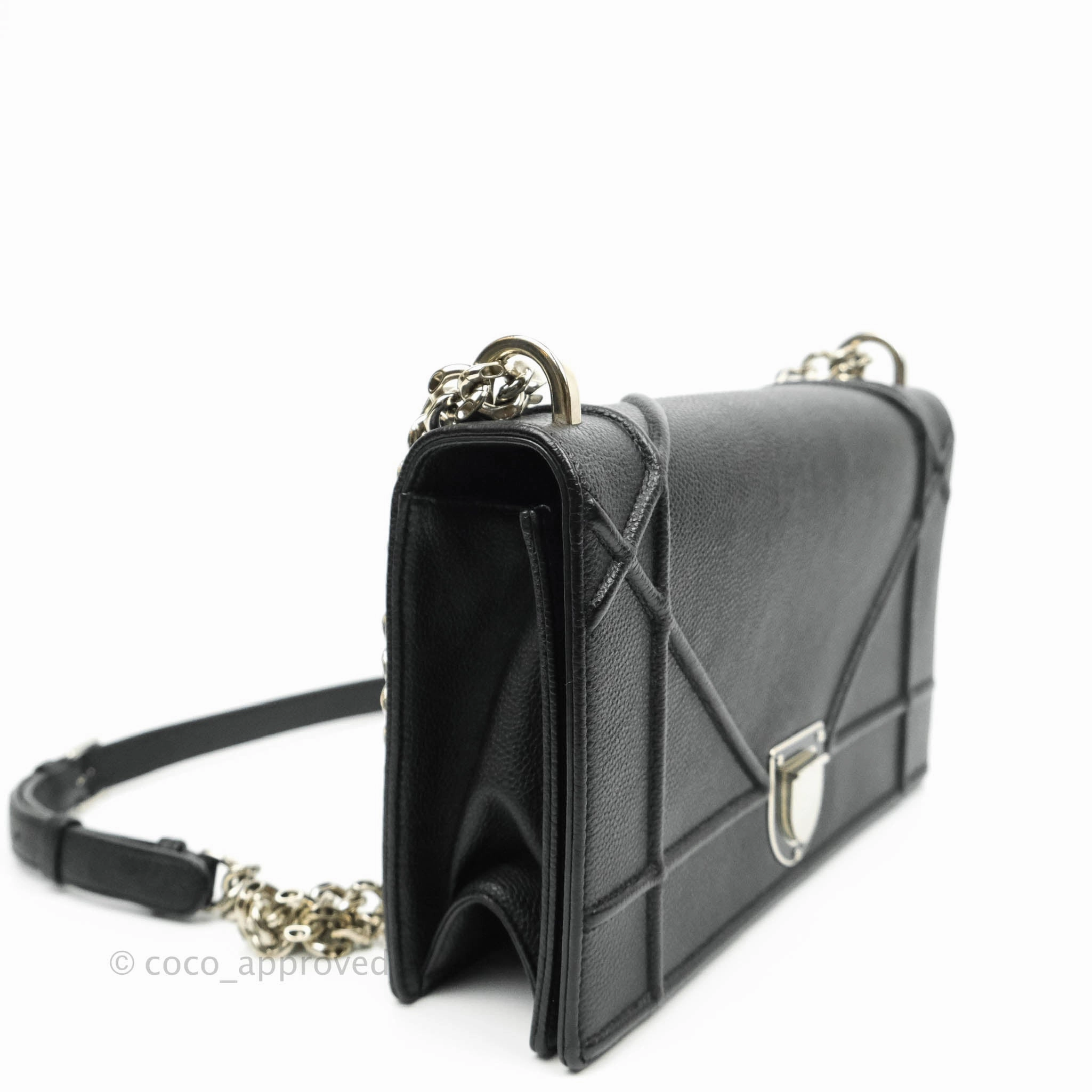 Christian Dior Diorama Medium Flap Shoulder Bag Black Grained Leather Silver Hardware