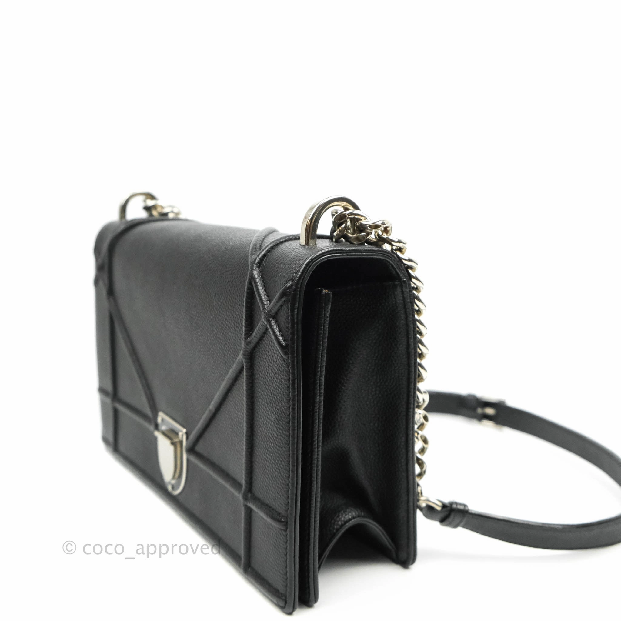 Christian Dior Diorama Medium Flap Shoulder Bag Black Grained Leather Silver Hardware