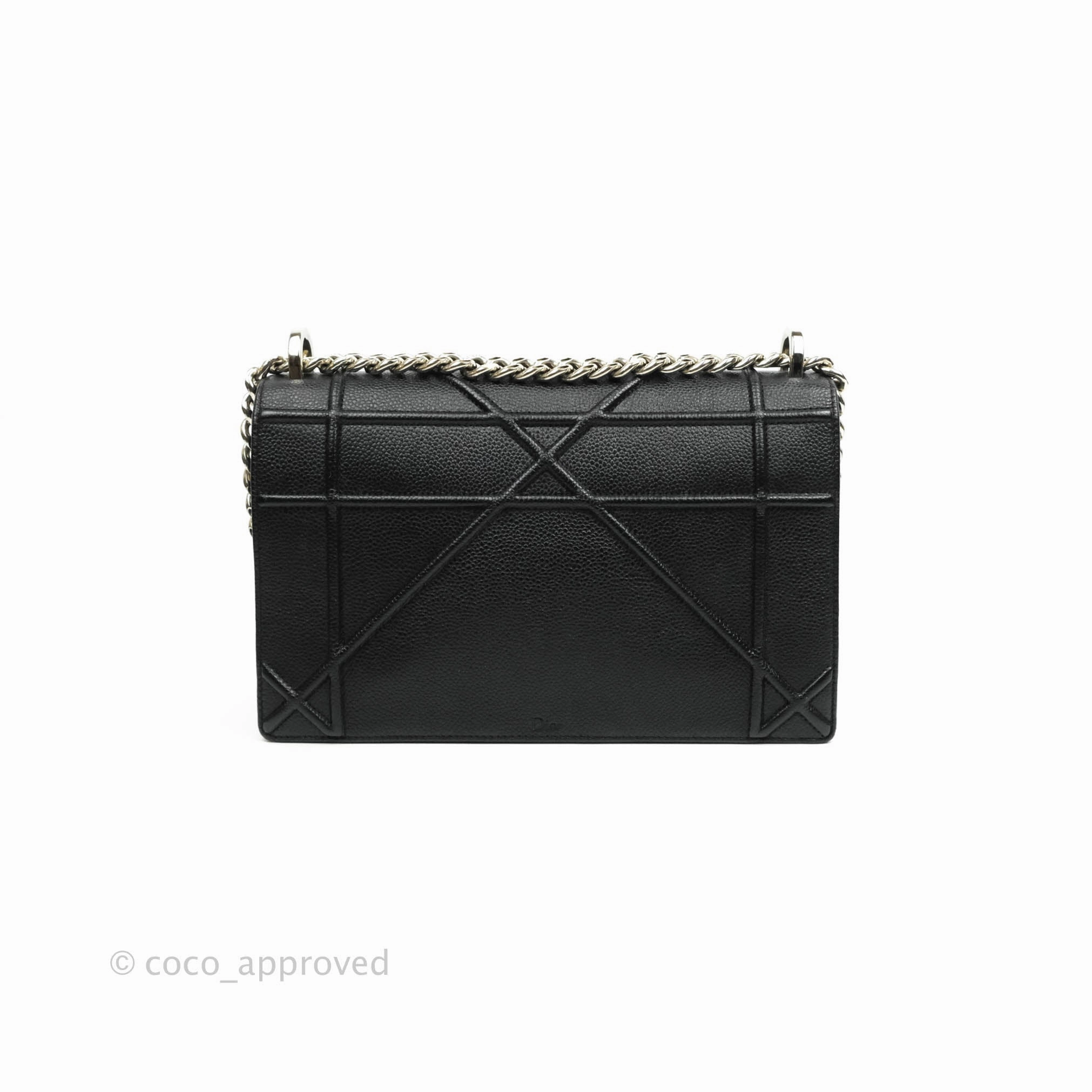 Christian Dior Diorama Medium Flap Shoulder Bag Black Grained Leather Silver Hardware
