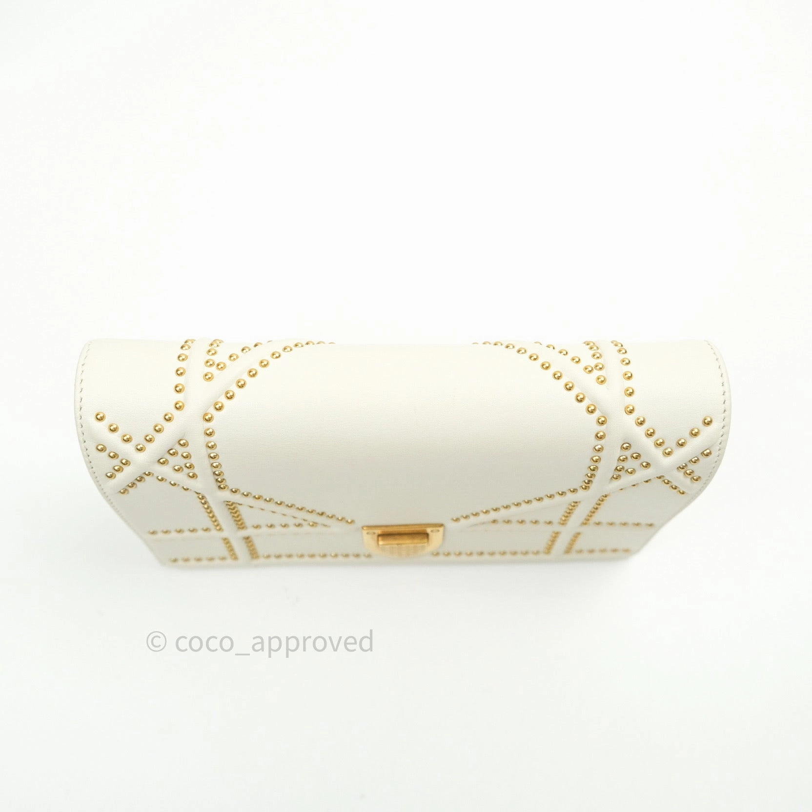Christian Dior Diorama Wallet on Chain in White Calfskin Studded Gold