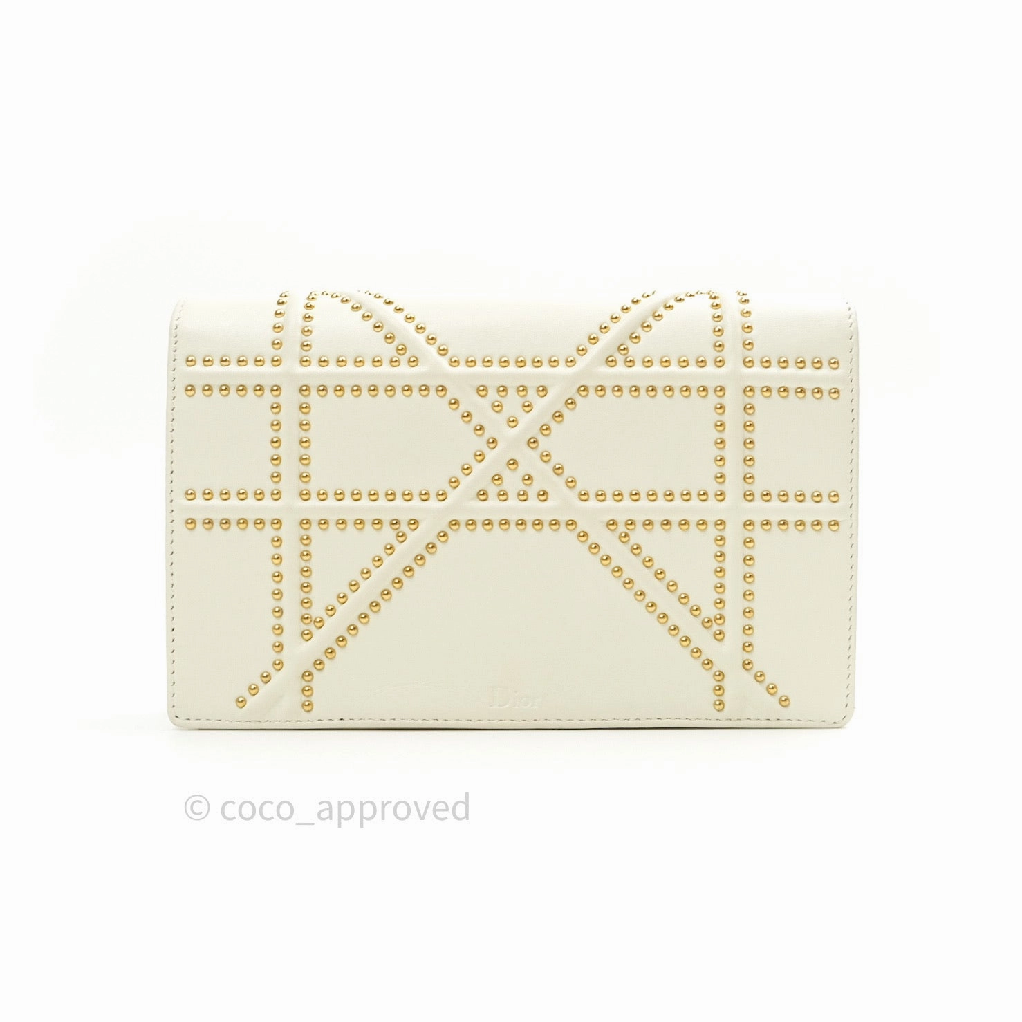 Christian Dior Diorama Wallet on Chain in White Calfskin Studded Gold