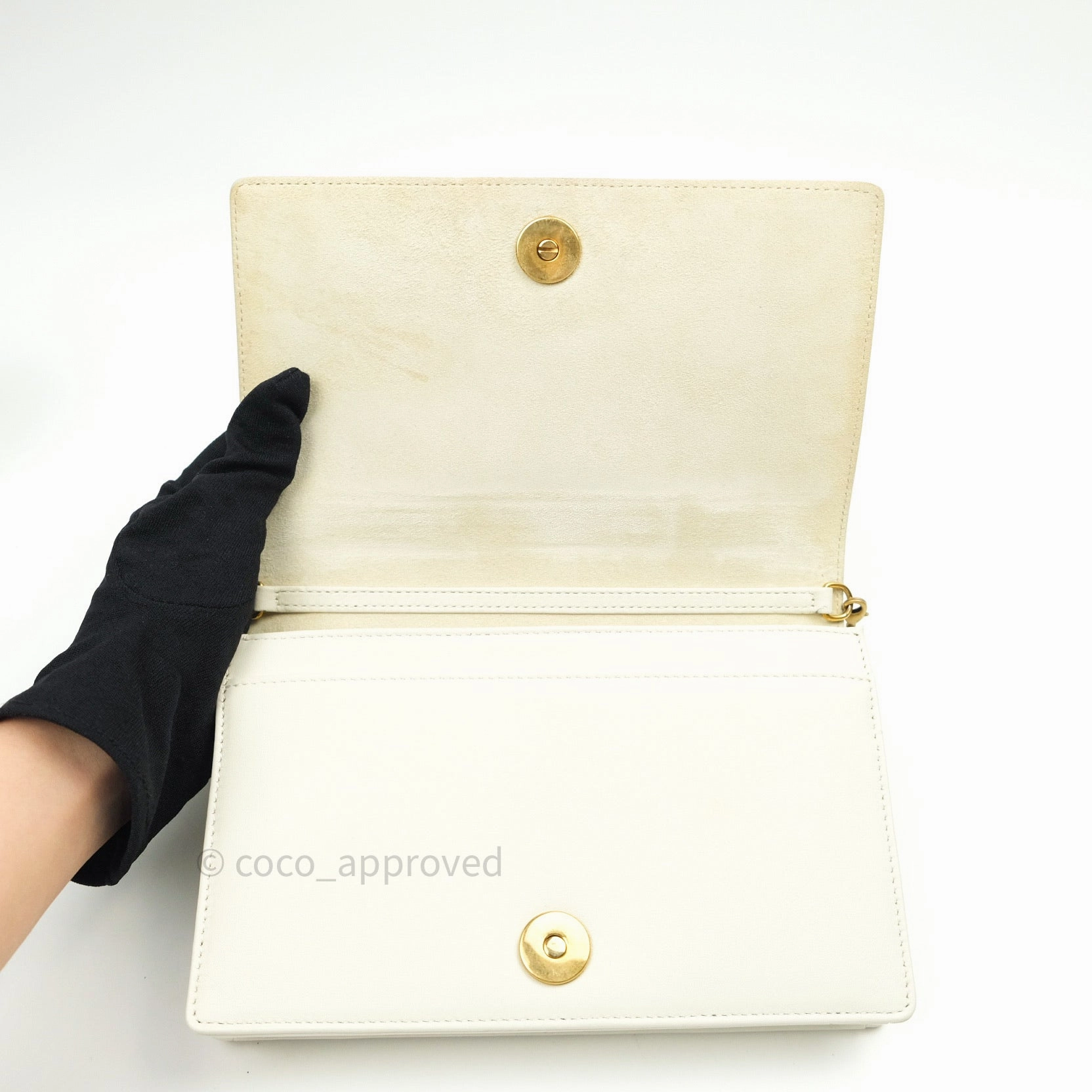 Christian Dior Diorama Wallet on Chain in White Calfskin Studded Gold