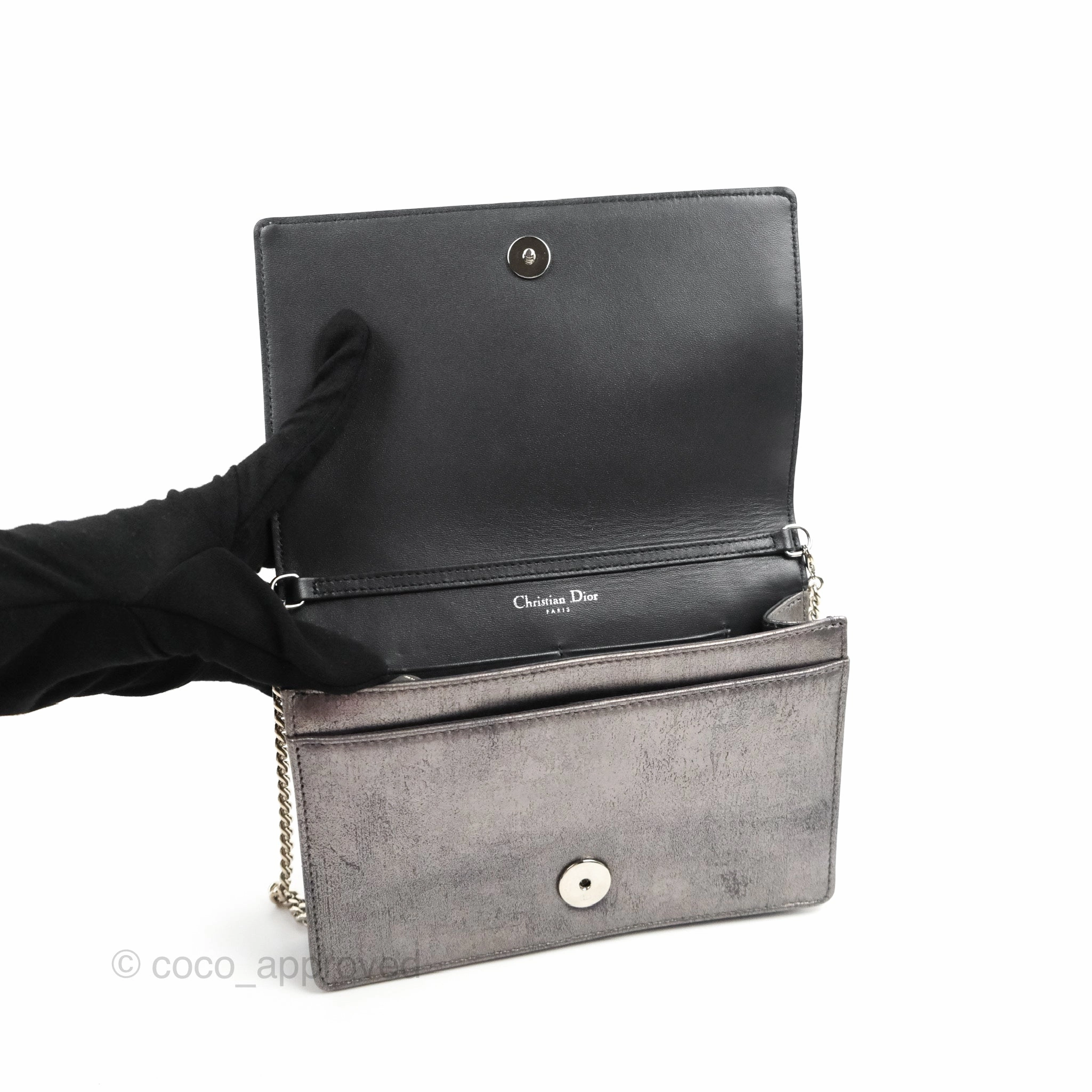 Christian Dior Diorama Wallet on Chain Metallic Distressed Calfskin Silver Hardware