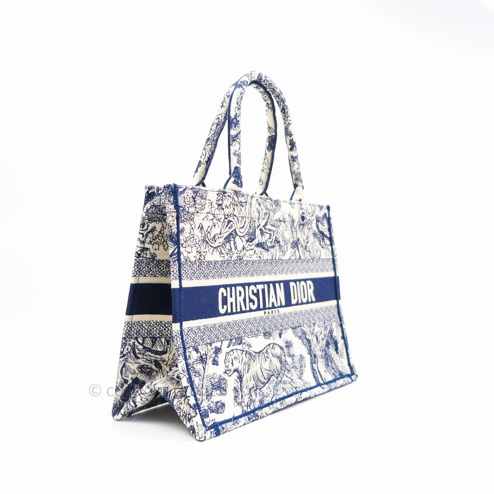 Christian Dior Embroidered Toile De Jouy Small Canvas Book Tote Blue