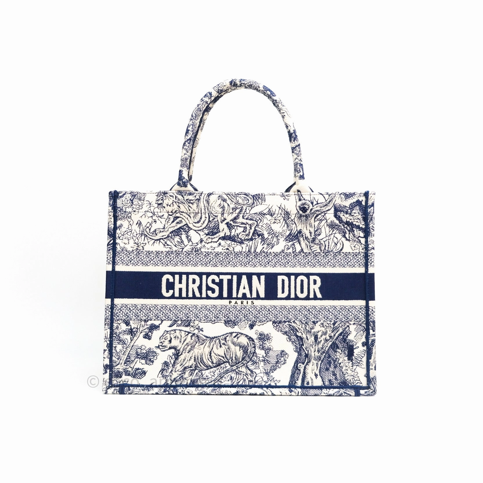 Christian Dior Embroidered Toile De Jouy Small Canvas Book Tote Blue