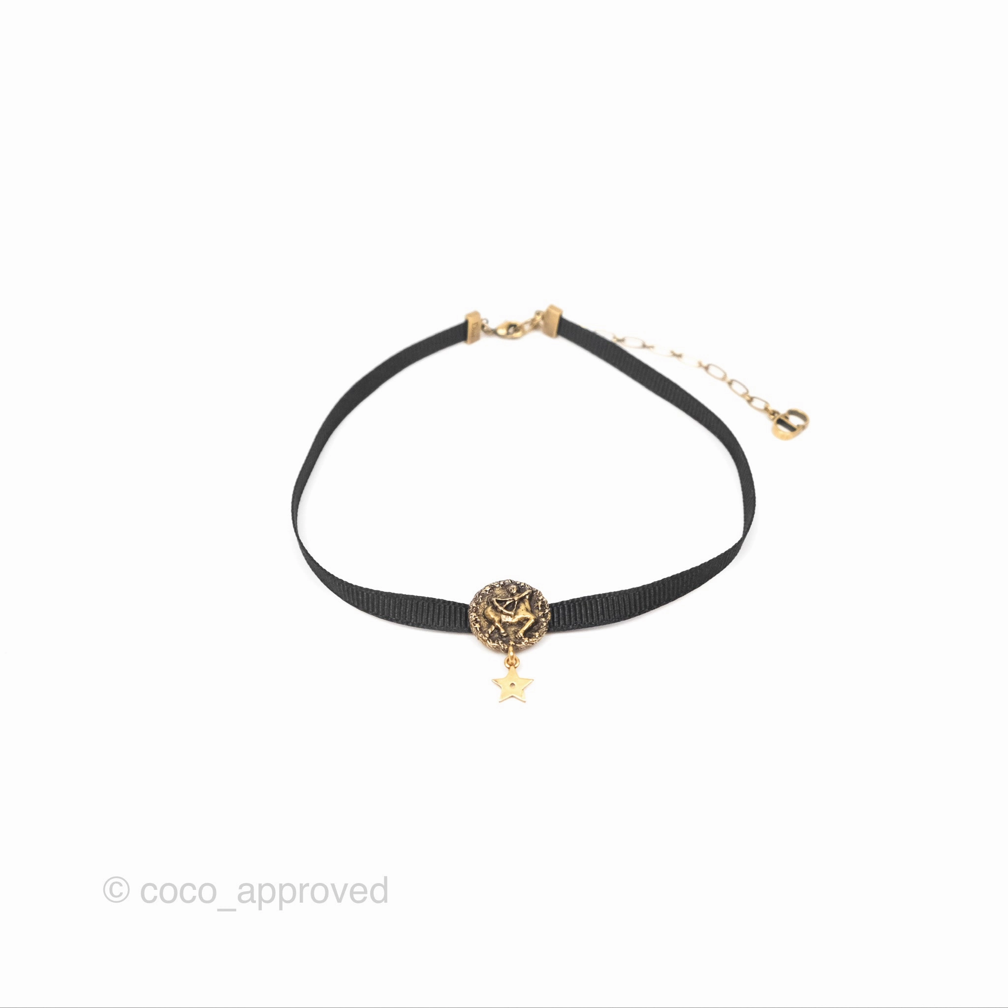 Christian Dior Grosgrain Ribbon Astrology Choker Aged Gold Hardware