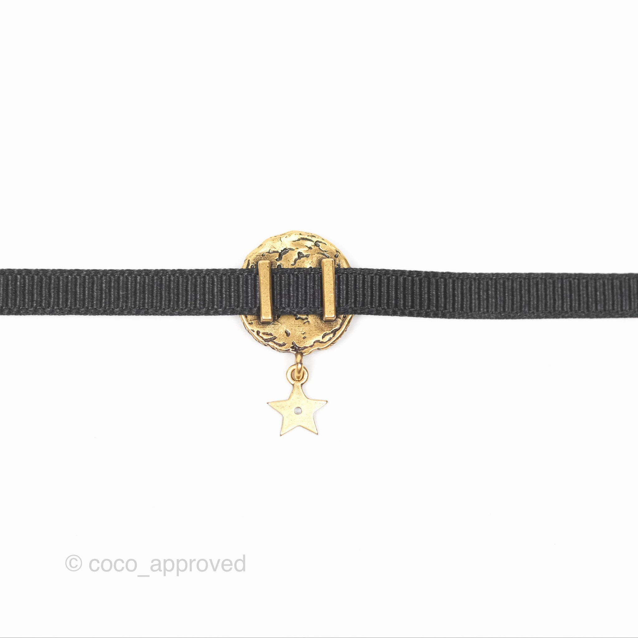 Christian Dior Grosgrain Ribbon Astrology Choker Aged Gold Hardware