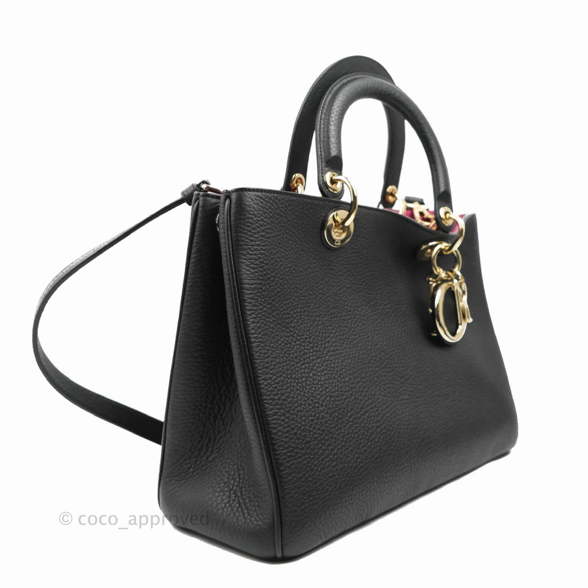 Christian Dior Medium Diorissimo Bag Black Fuchsia Grained Calfskin Gold Hardware