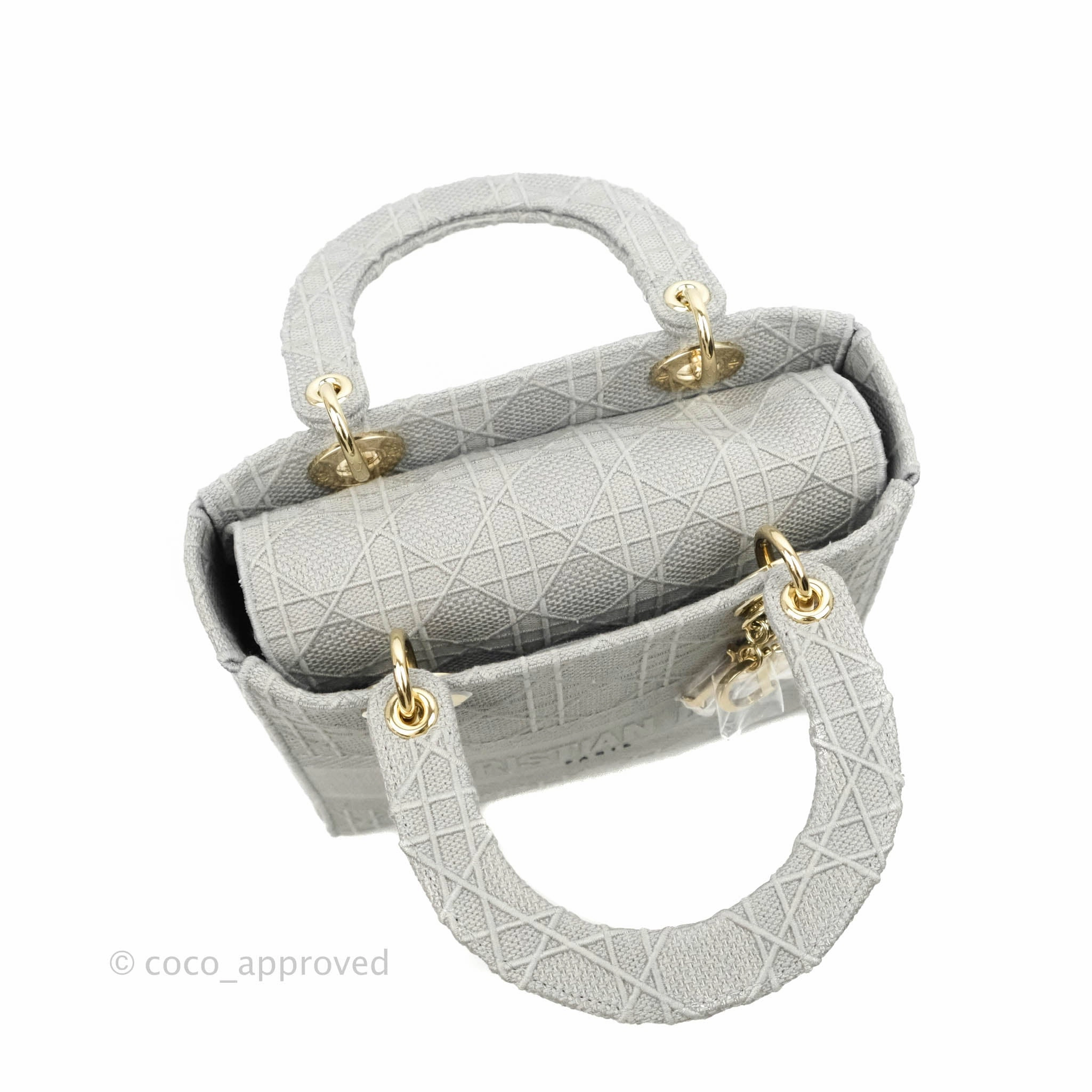 Christian Dior Medium Lady D-Lite Bag Gray Cannage Embroidery Gold Hardware