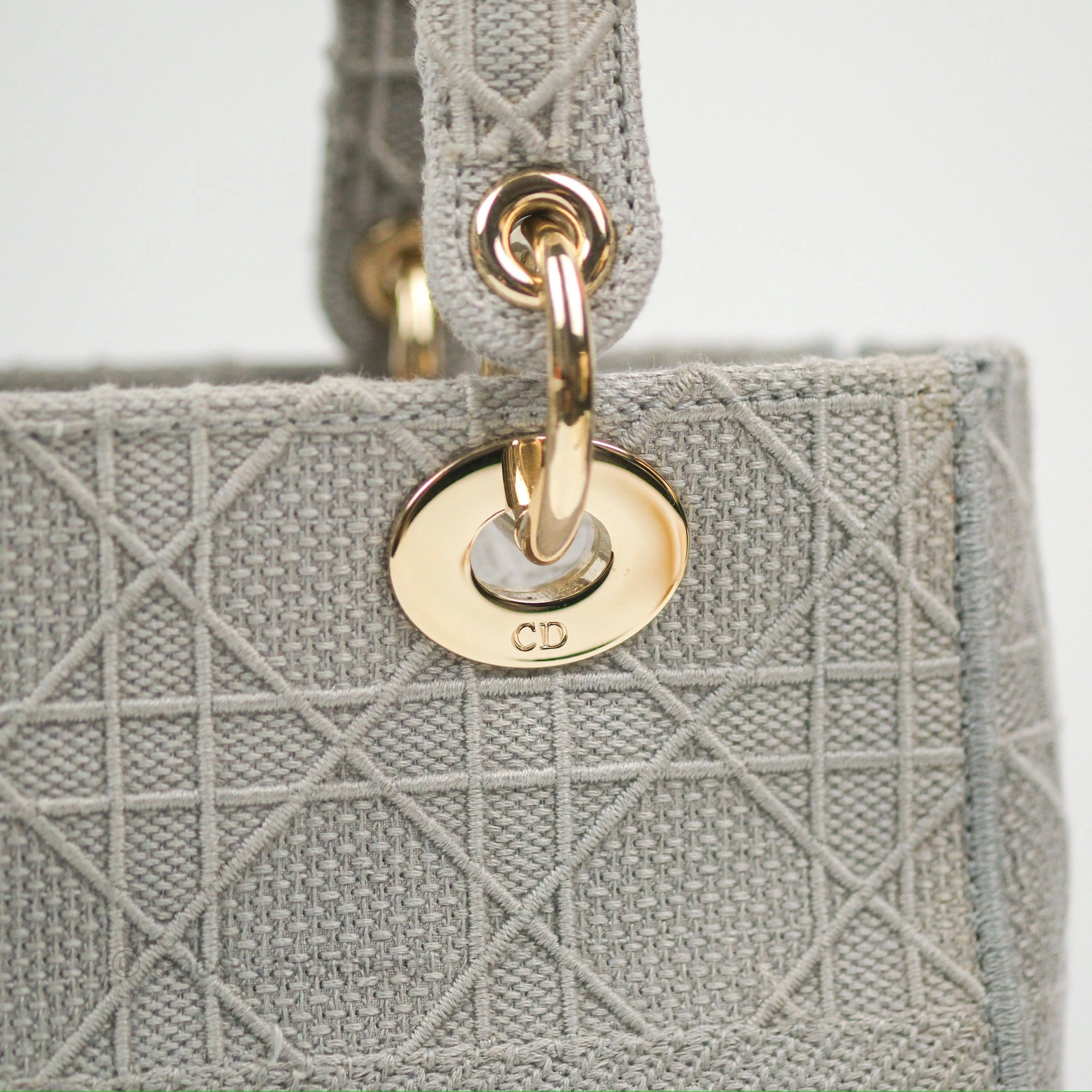 Christian Dior Medium Lady D-Lite Bag Gray Cannage Embroidery Gold Hardware