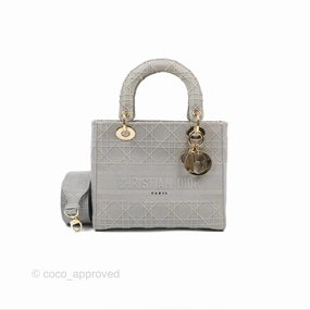Christian Dior Medium Lady D-Lite Bag Gray Cannage Embroidery Gold Hardware