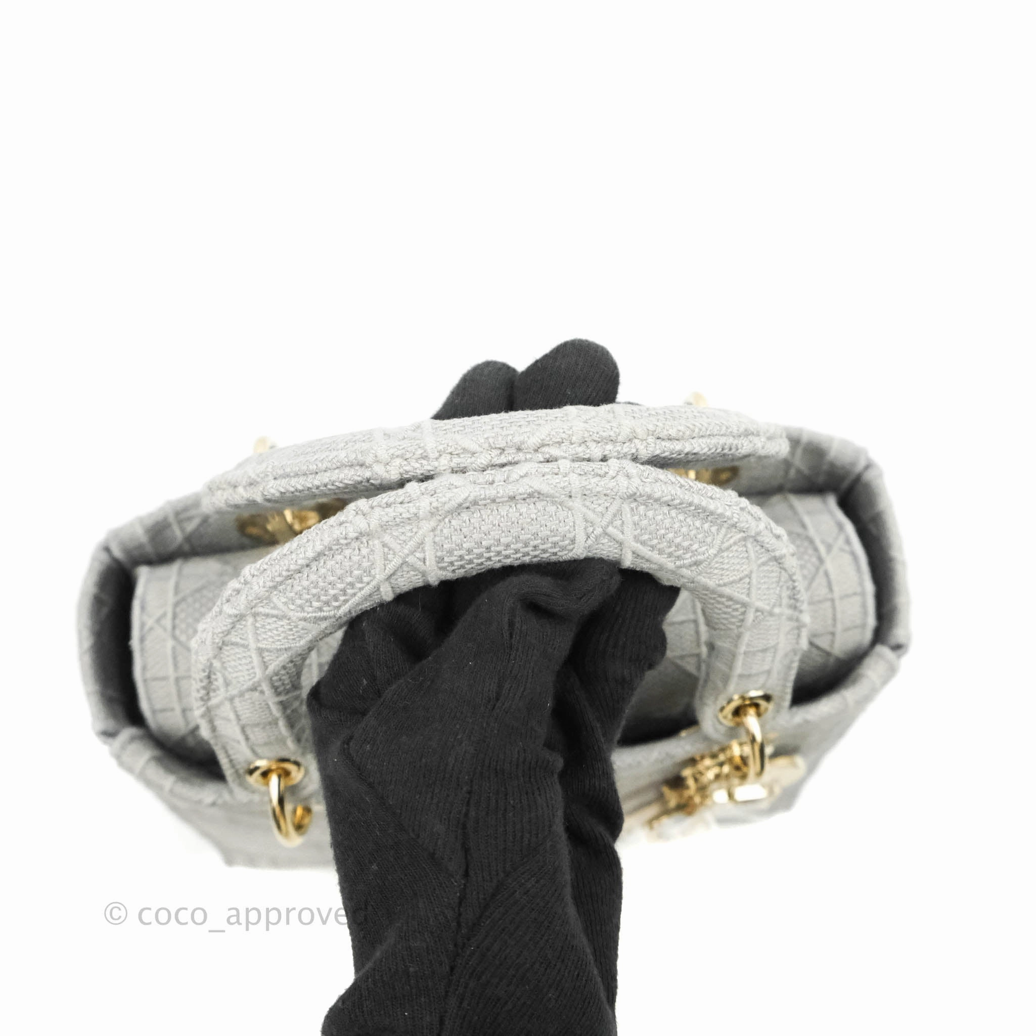 Christian Dior Medium Lady D-Lite Bag Gray Cannage Embroidery Gold Hardware