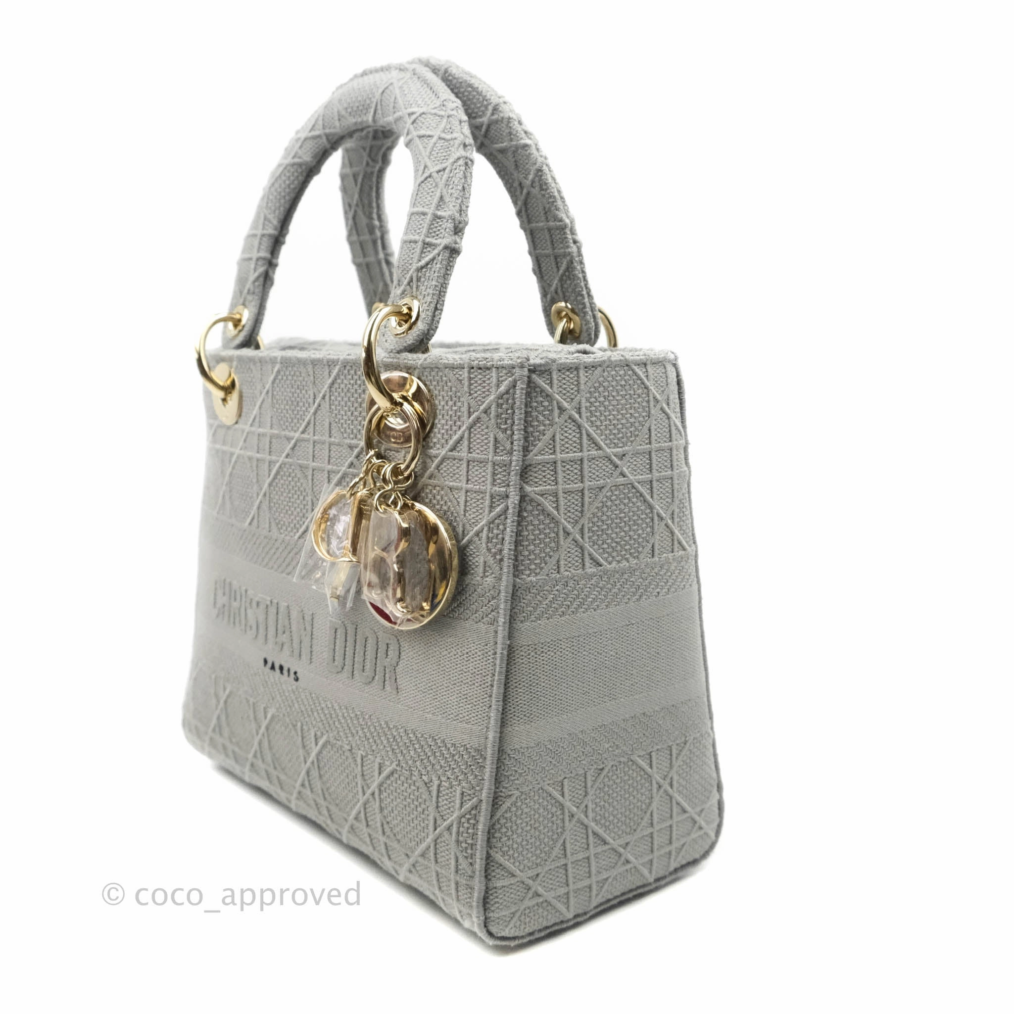 Christian Dior Medium Lady D-Lite Bag Gray Cannage Embroidery Gold Hardware