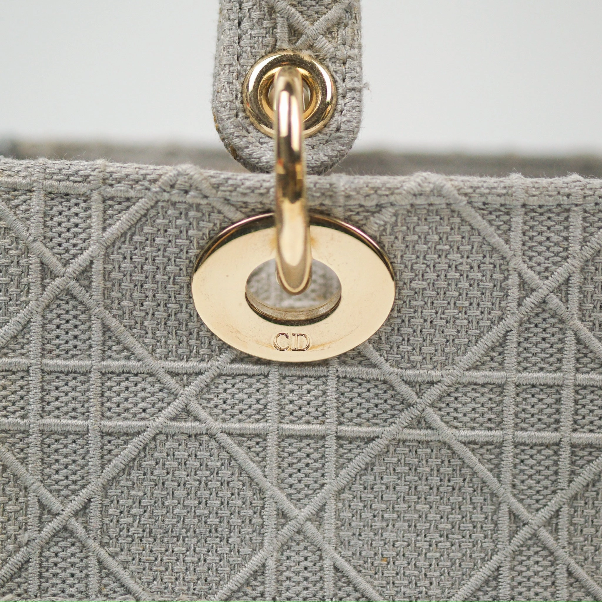 Christian Dior Medium Lady D-Lite Bag Gray Cannage Embroidery Gold Hardware