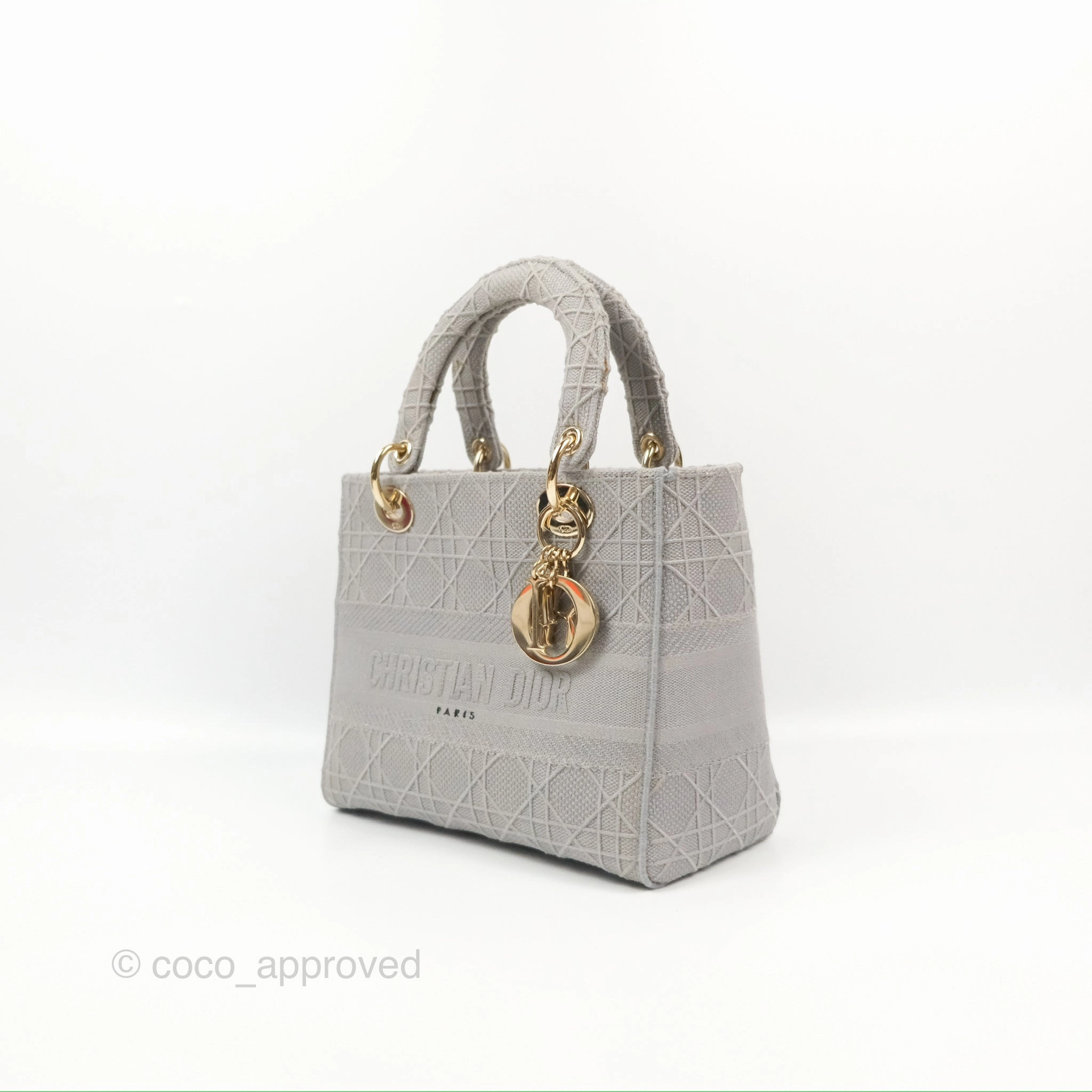 Christian Dior Medium Lady D-Lite Bag Gray Cannage Embroidery Gold Hardware