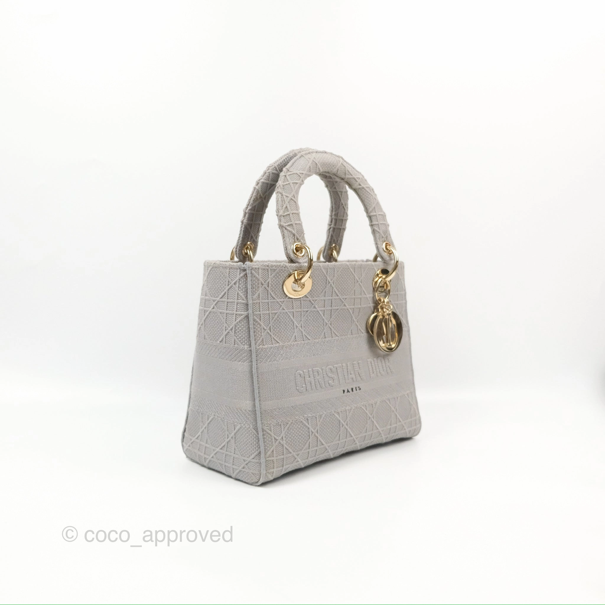 Christian Dior Medium Lady D-Lite Bag Gray Cannage Embroidery Gold Hardware