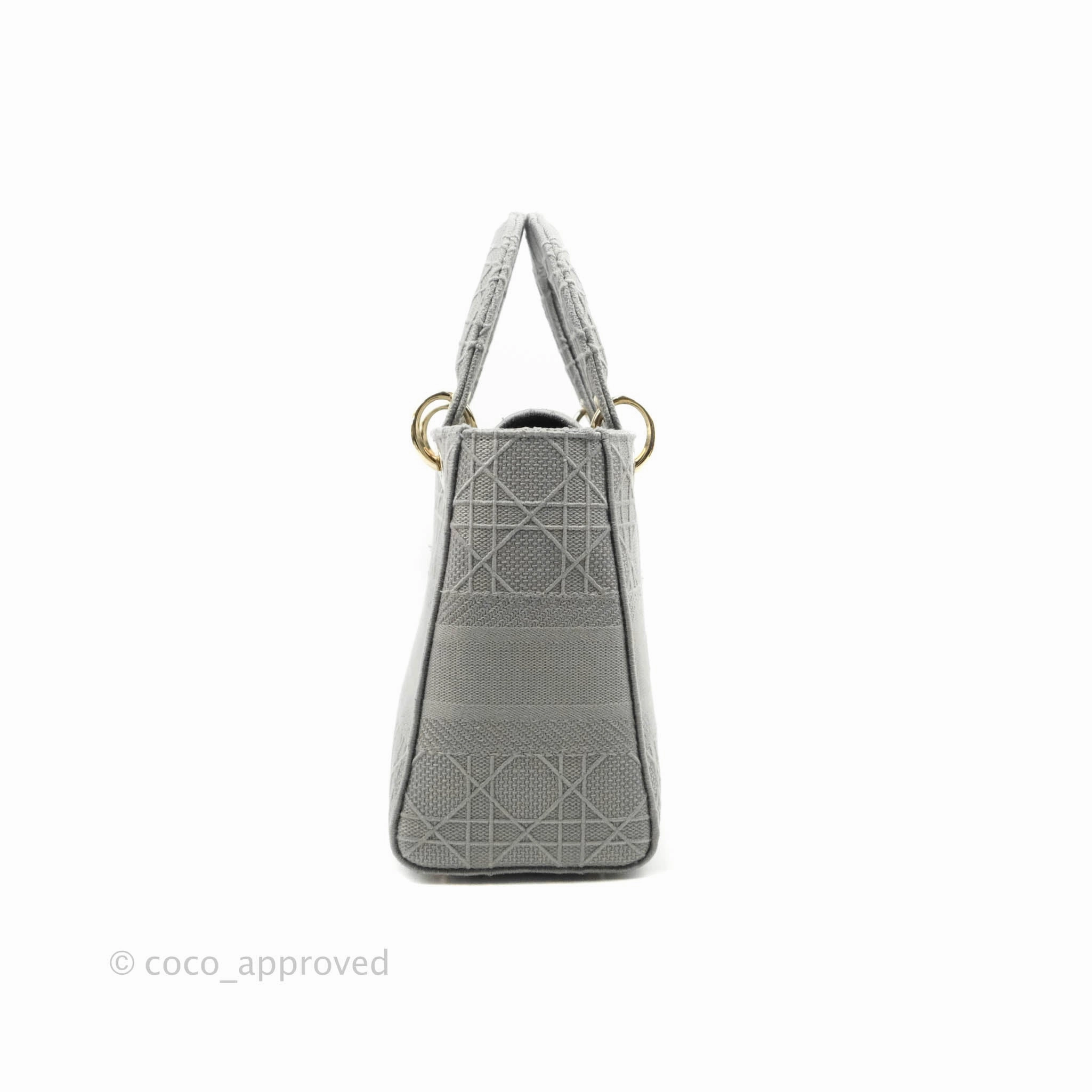 Christian Dior Medium Lady D-Lite Bag Gray Cannage Embroidery Gold Hardware