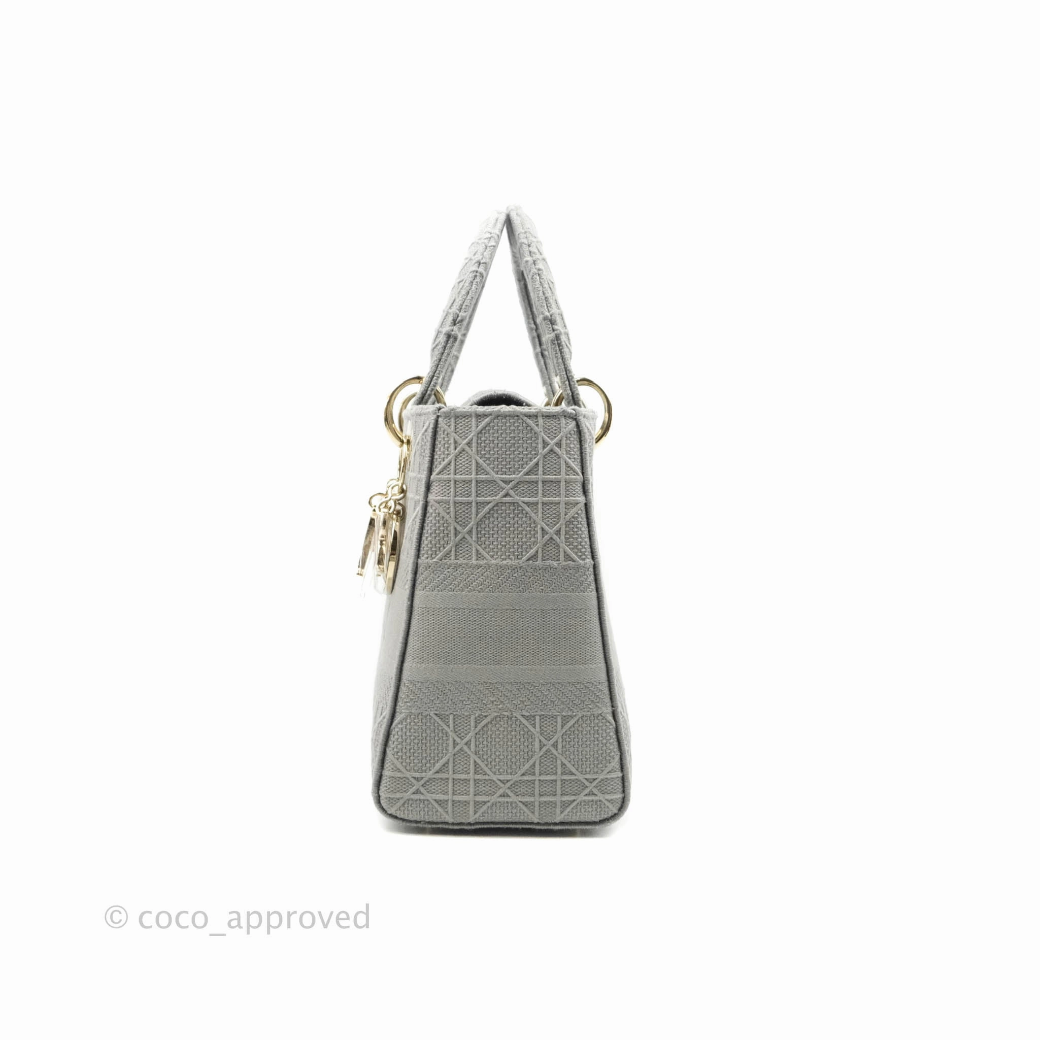 Christian Dior Medium Lady D-Lite Bag Gray Cannage Embroidery Gold Hardware