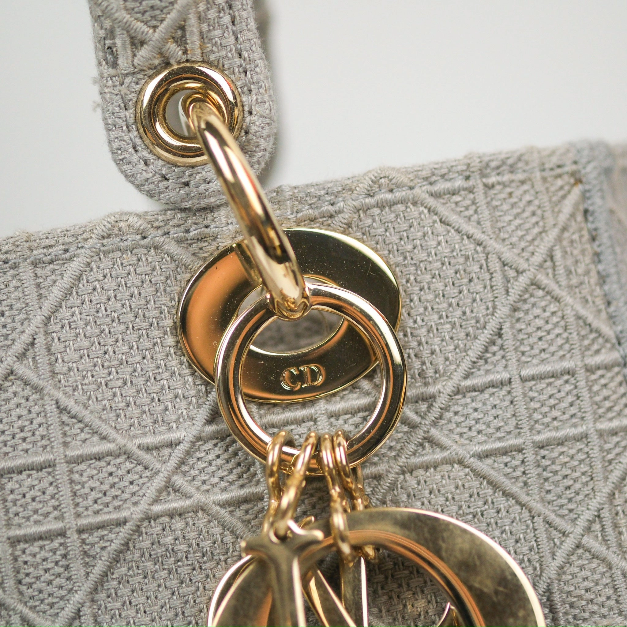 Christian Dior Medium Lady D-Lite Bag Gray Cannage Embroidery Gold Hardware