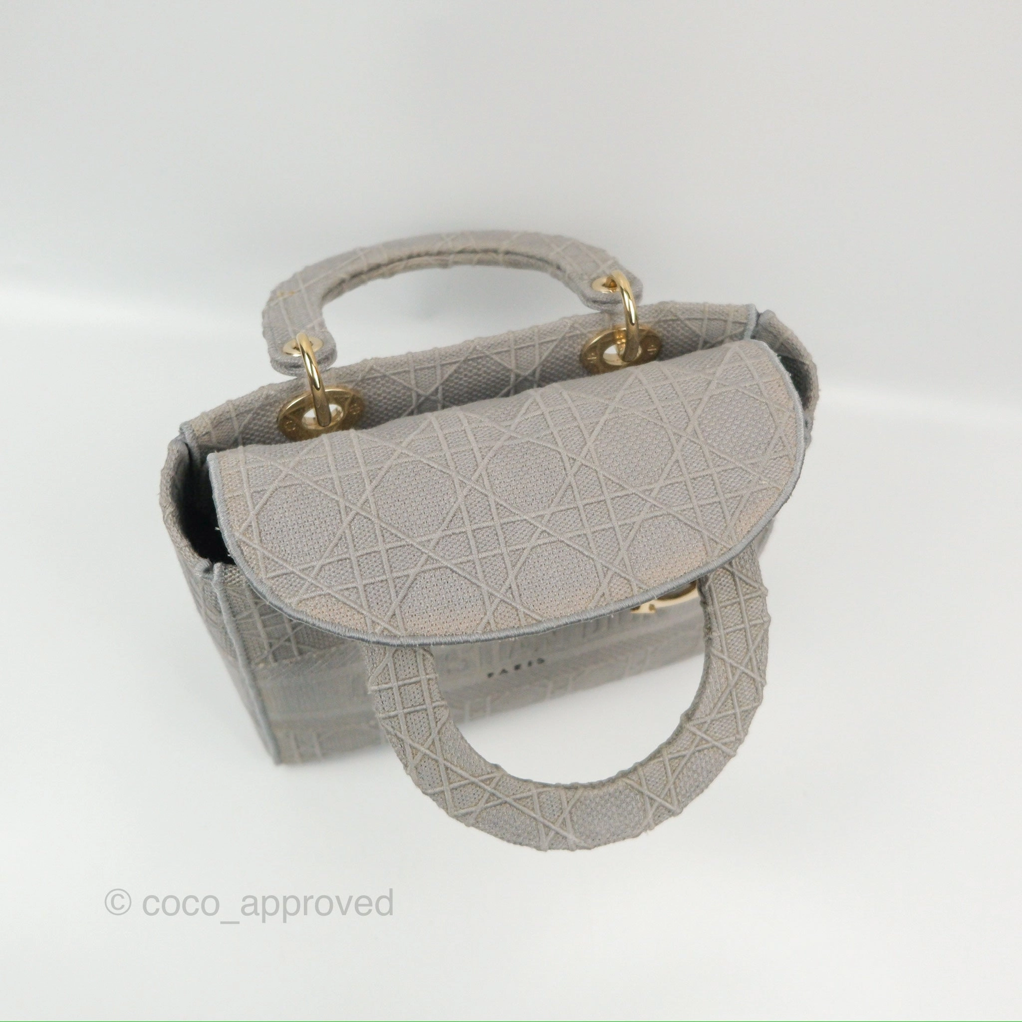 Christian Dior Medium Lady D-Lite Bag Gray Cannage Embroidery Gold Hardware