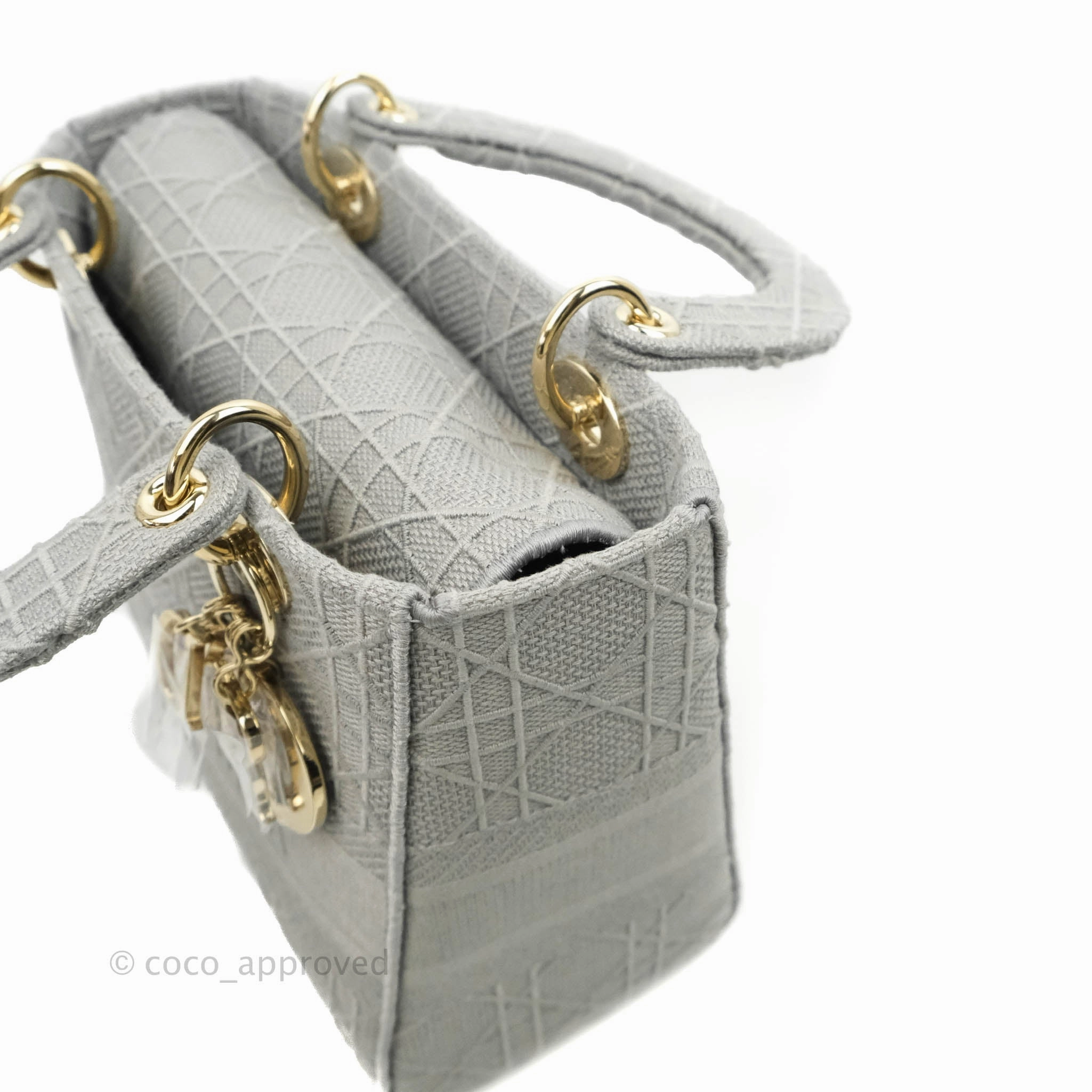 Christian Dior Medium Lady D-Lite Bag Gray Cannage Embroidery Gold Hardware