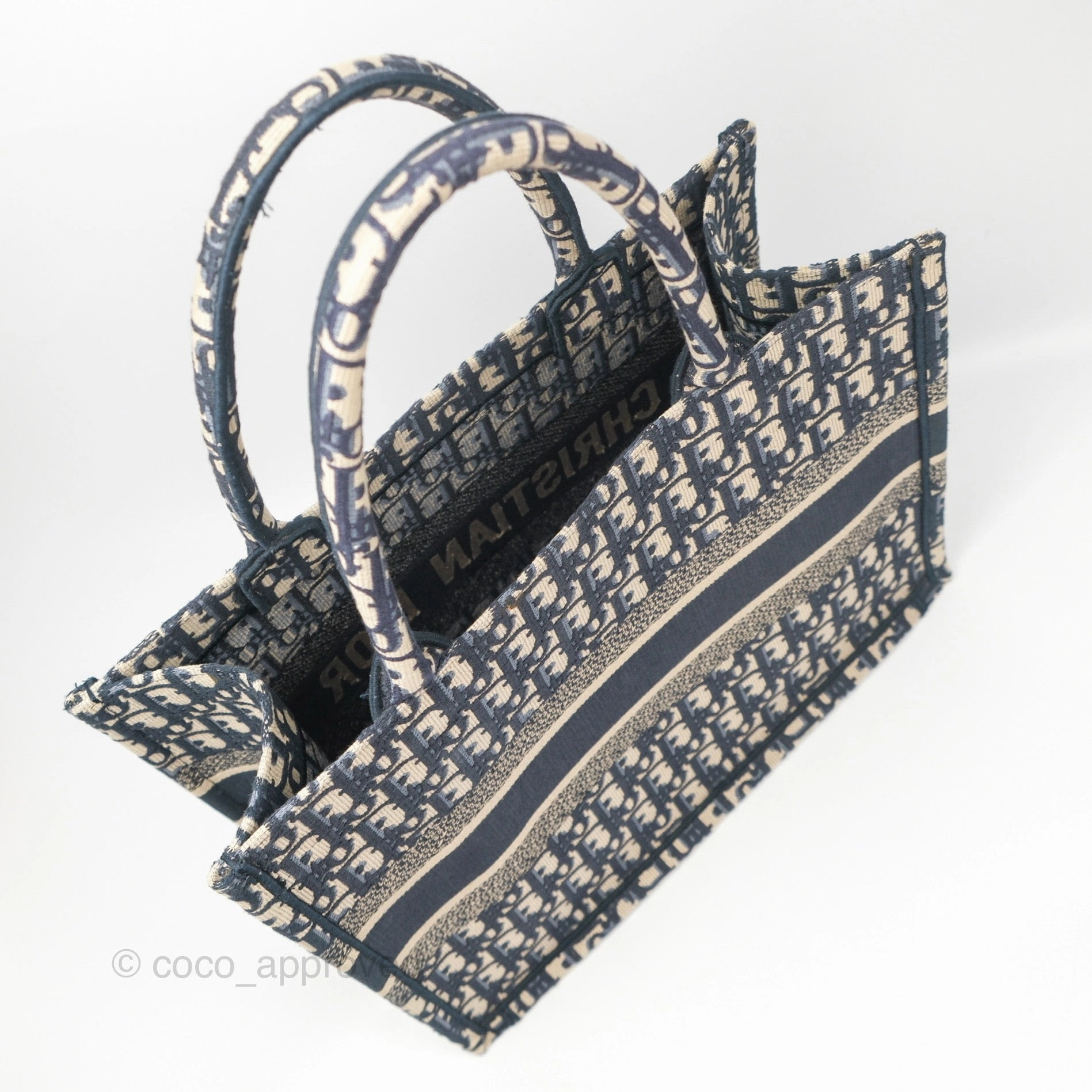 Christian Dior Medium (Old Small) Dior Navy Oblique Embroidery Canvas Book Tote
