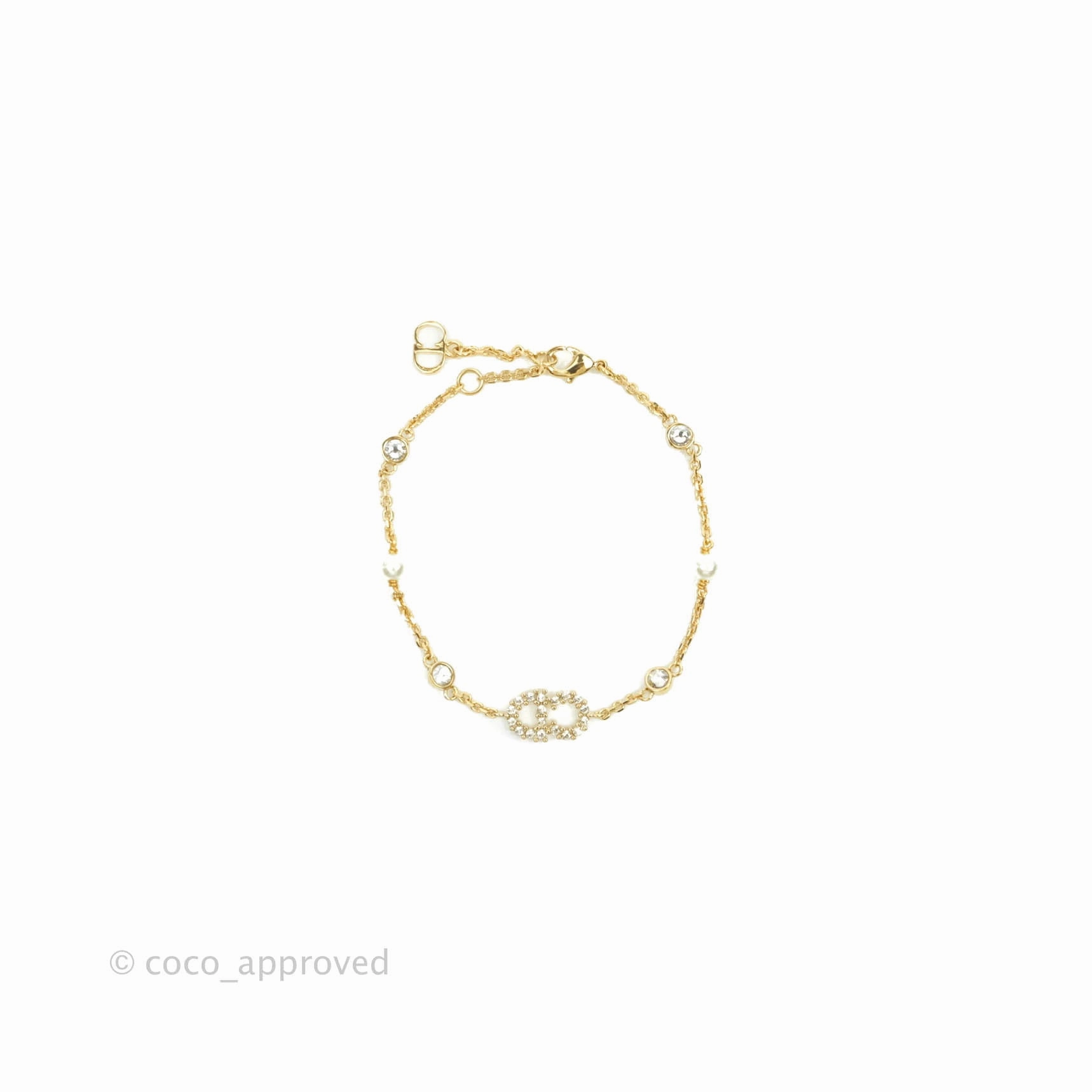 Christian Dior Metal Crystal Pearl CD Bracelet Gold