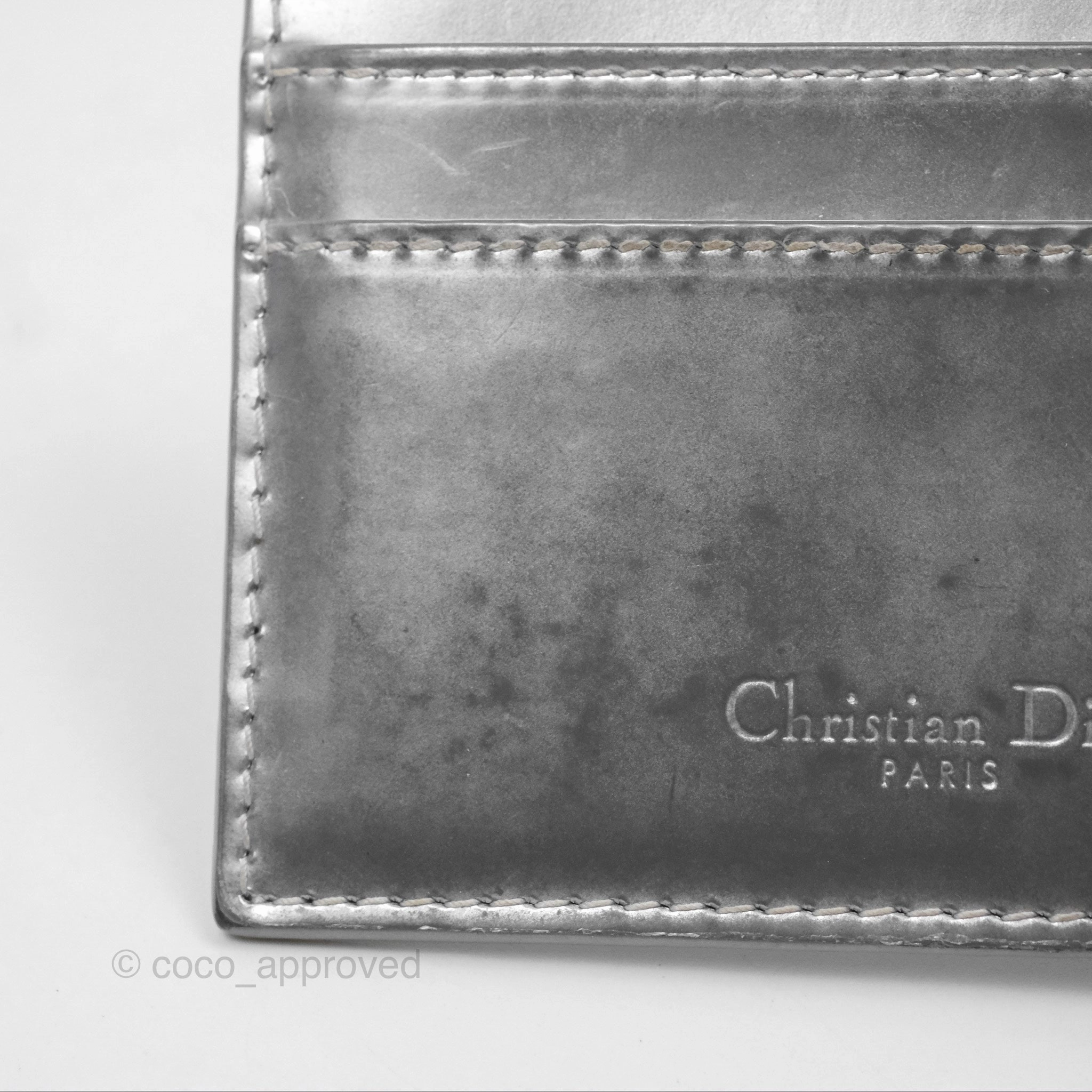 Christian Dior Metallic Sliver Card Holder Silver Hardware