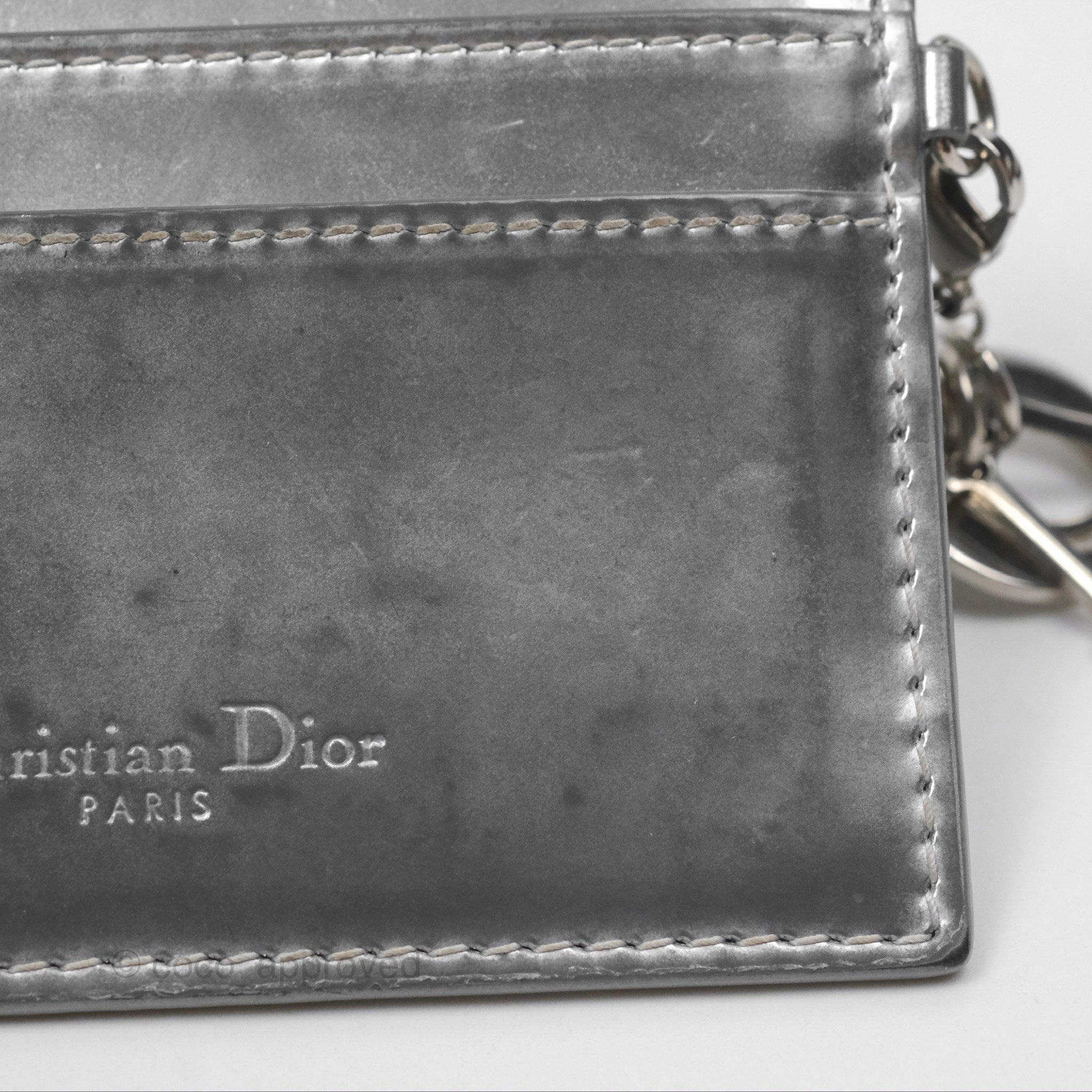 Christian Dior Metallic Sliver Card Holder Silver Hardware