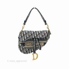 Christian Dior Navy Saddle Bag Dior Oblique Embroidery Gold Hardware