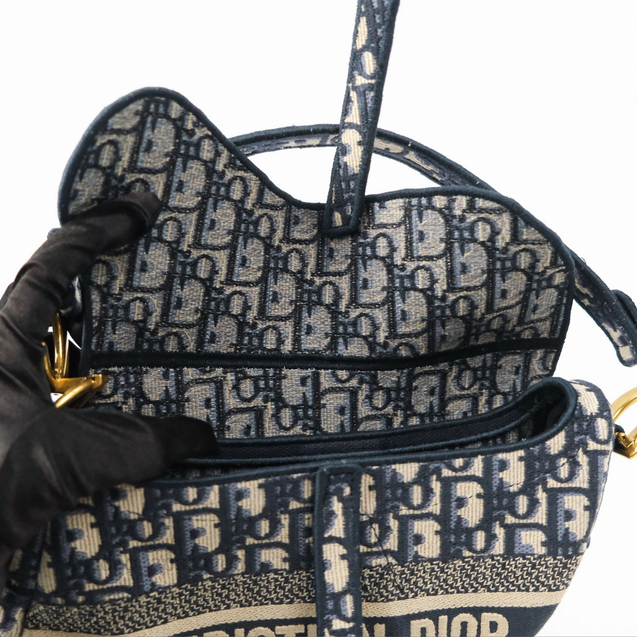 Christian Dior Navy Saddle Bag Dior Oblique Embroidery Gold Hardware