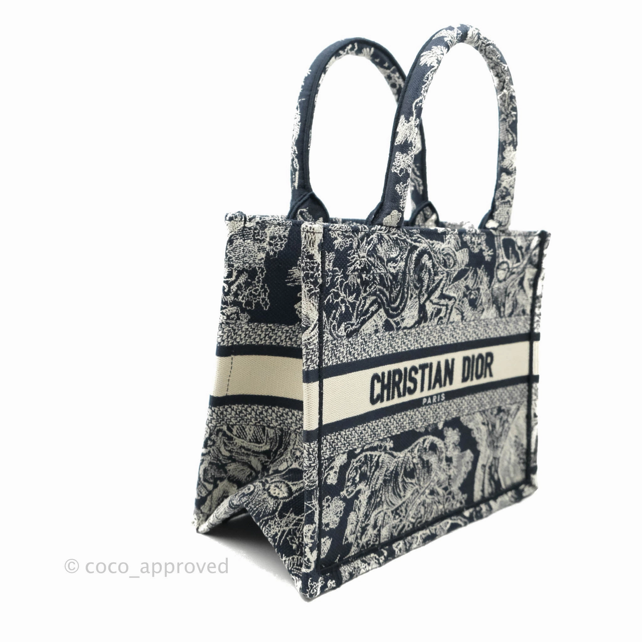 Christian Dior New Small Embroidered Toile De Jouy Navy Canvas Book Tote