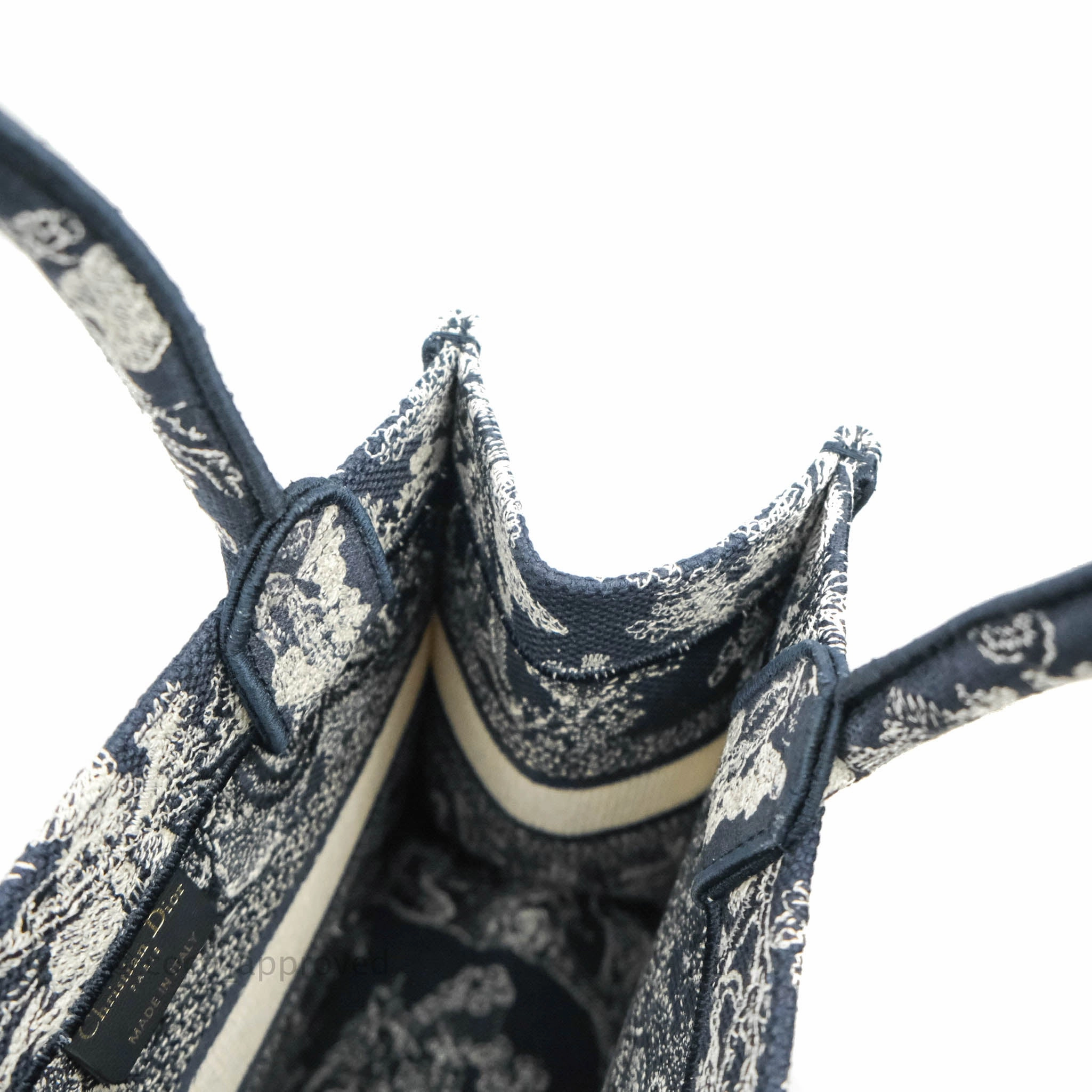Christian Dior New Small Embroidered Toile De Jouy Navy Canvas Book Tote