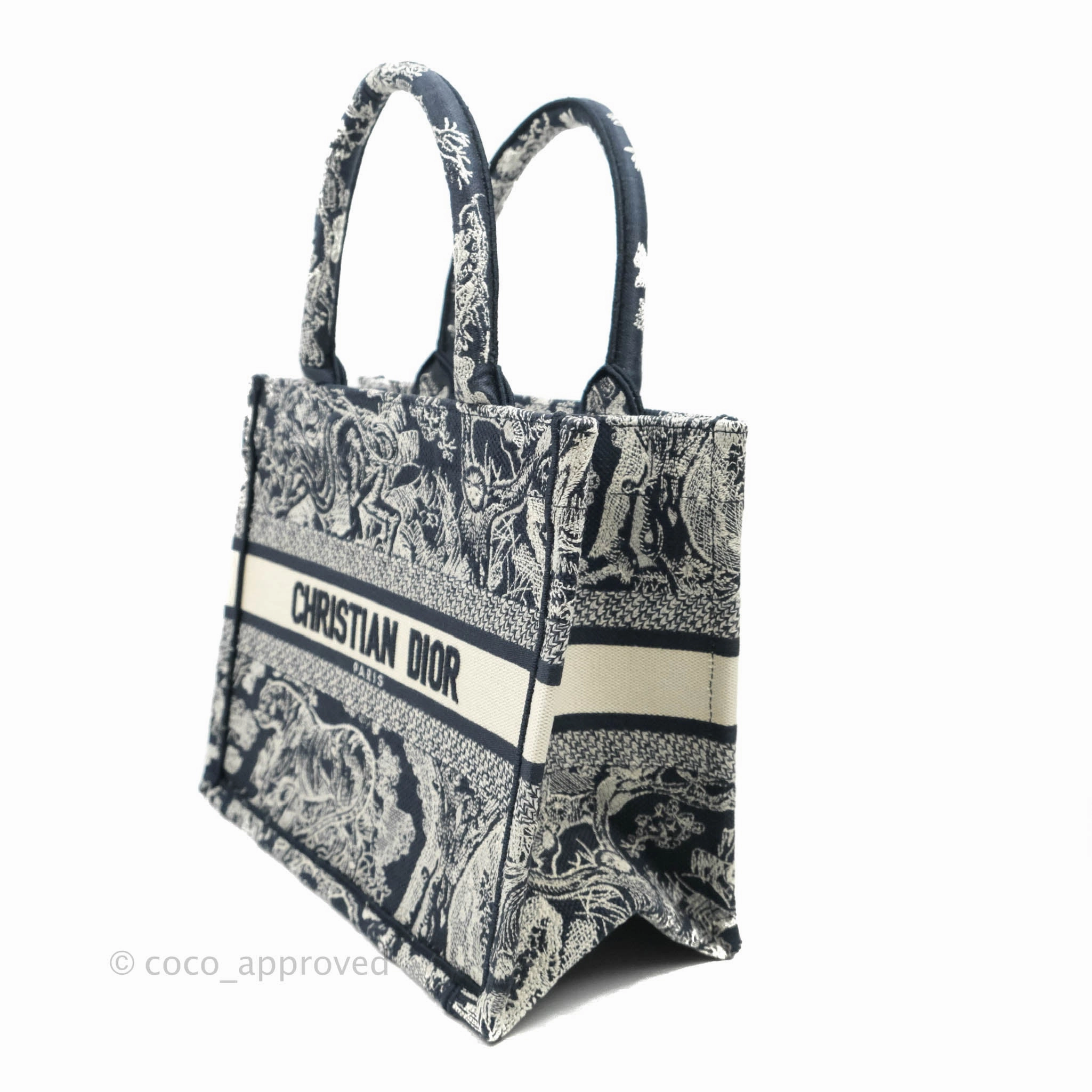 Christian Dior New Small Embroidered Toile De Jouy Navy Canvas Book Tote