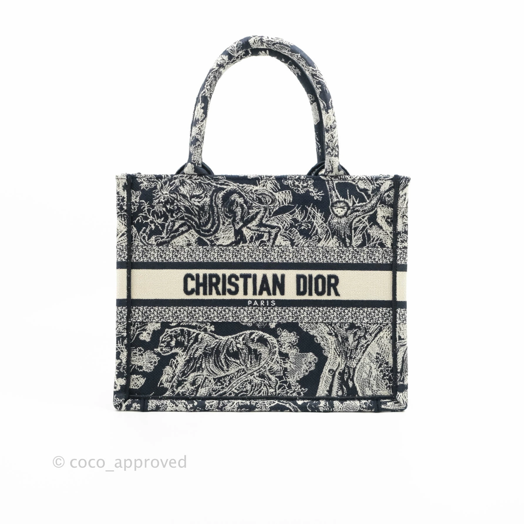 Christian Dior New Small Embroidered Toile De Jouy Navy Canvas Book Tote