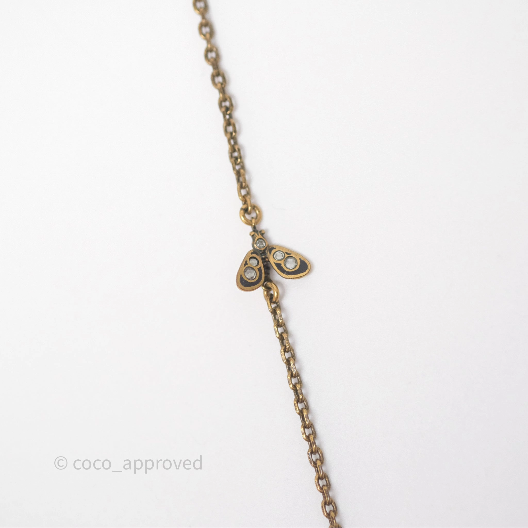 Christian Dior Pearl Crystal Bee Long Necklace Aged Gold Tone