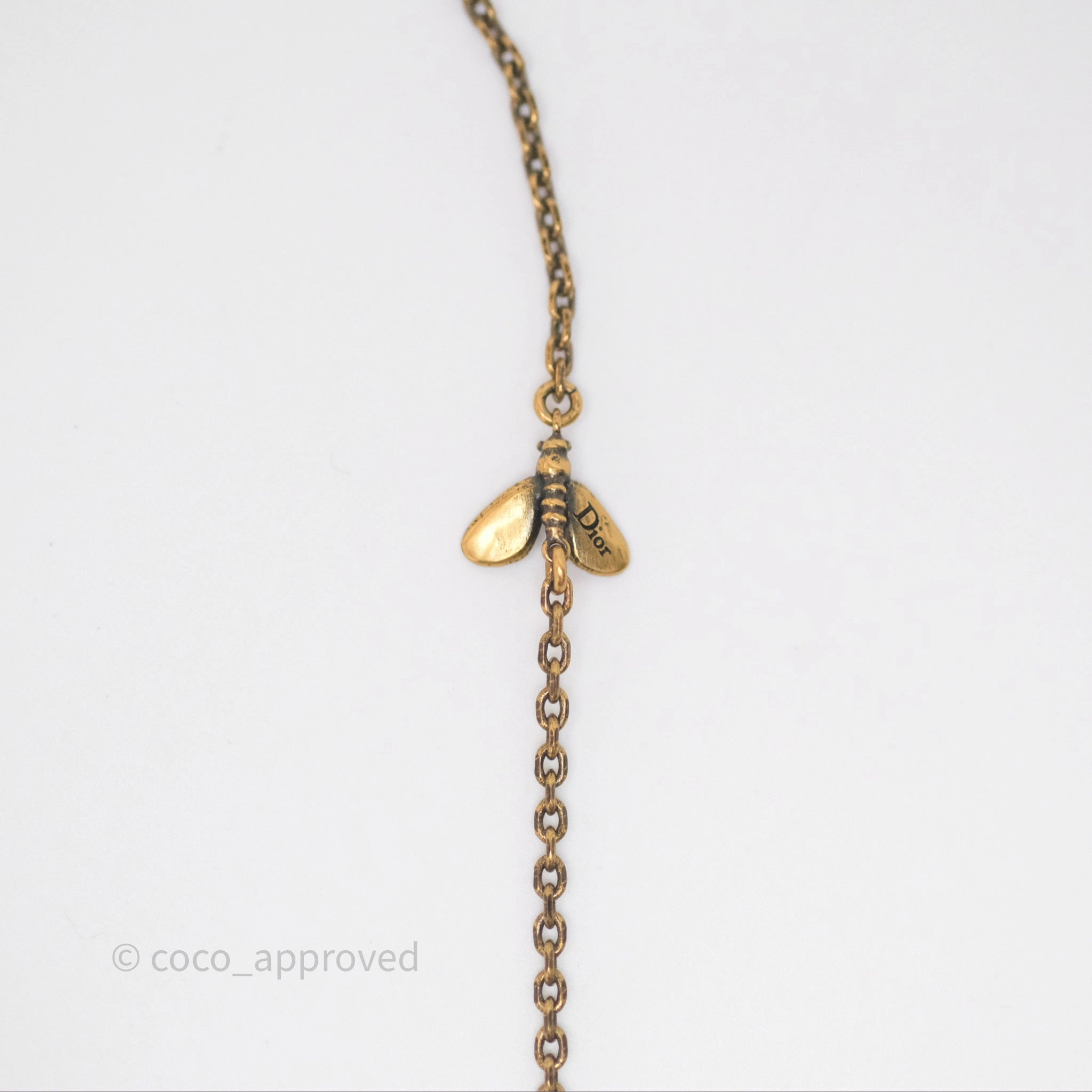 Christian Dior Pearl Crystal Bee Long Necklace Aged Gold Tone