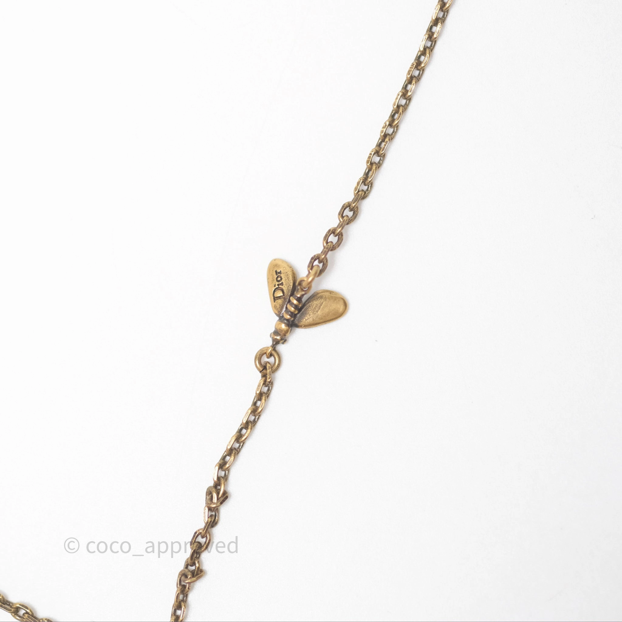 Christian Dior Pearl Crystal Bee Long Necklace Aged Gold Tone