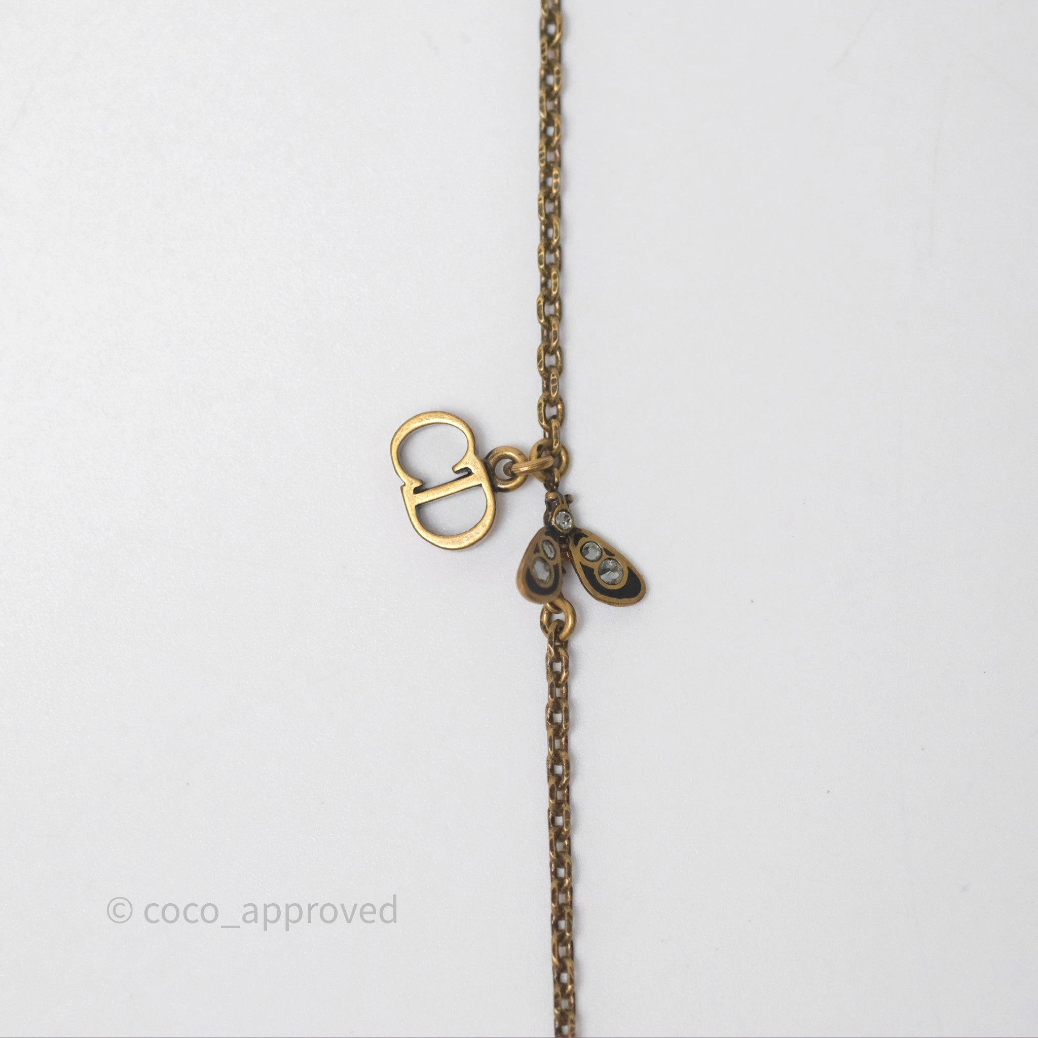 Christian Dior Pearl Crystal Bee Long Necklace Aged Gold Tone