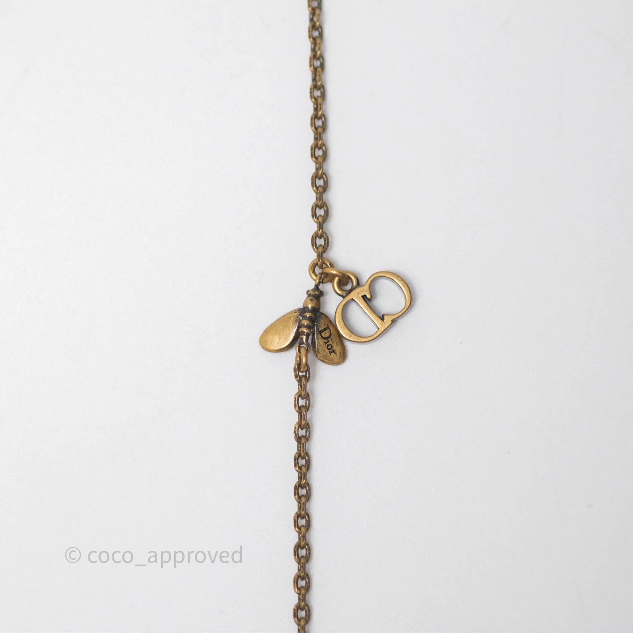 Christian Dior Pearl Crystal Bee Long Necklace Aged Gold Tone