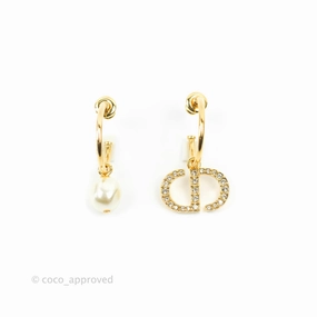 Christian Dior Petit CD Crystal Pearl Drop Earrings Gold Tone