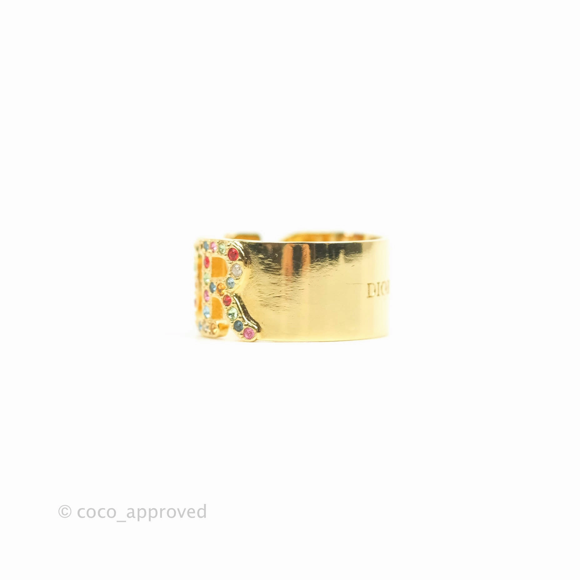 Christian Dior Rainbow Crystal Ring Gold Tone Size L