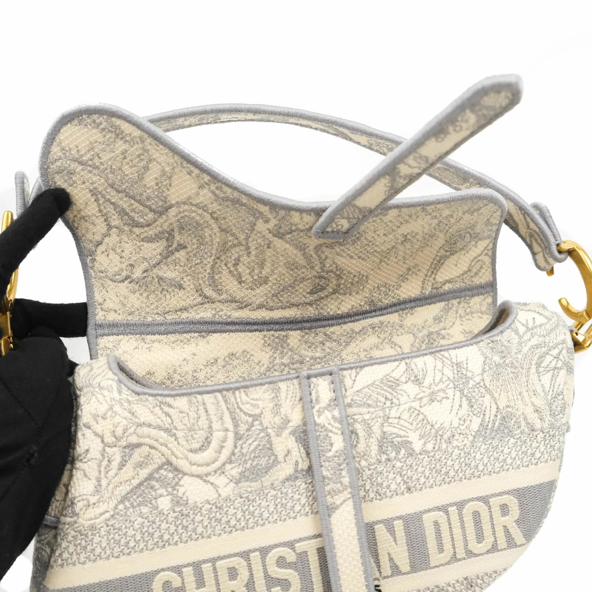 Christian Dior Saddle Bag Grey Toile de Jouy Embroidery