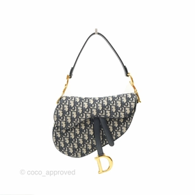 Christian Dior Saddle Bag Navy Dior Oblique Embroidery Gold Hardware